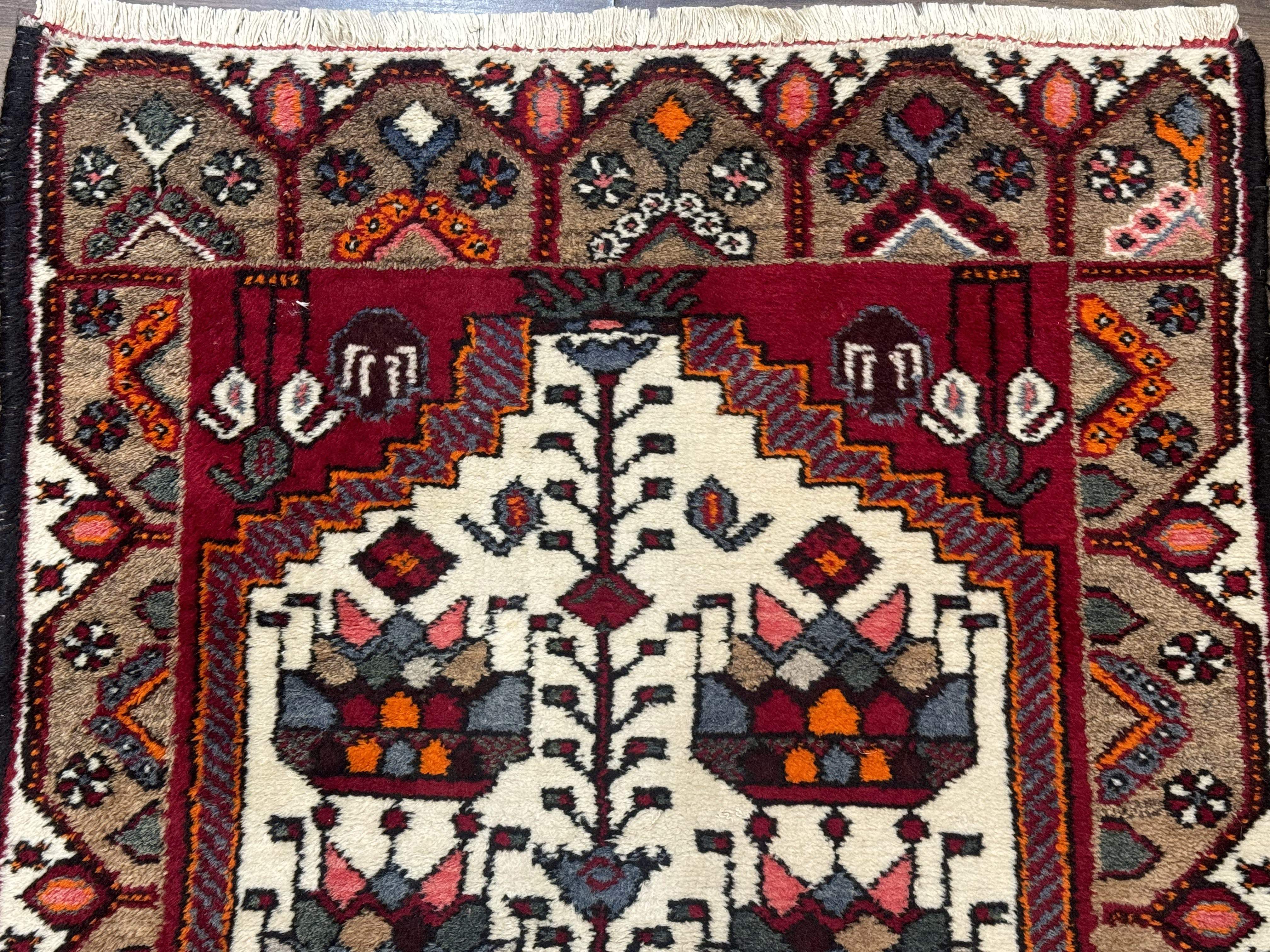 Small Persian Rug 3x4 – Ivory and Red Hand-Knotted Wool Vintage Malayer Hamadan Rug - Jewel Rugs