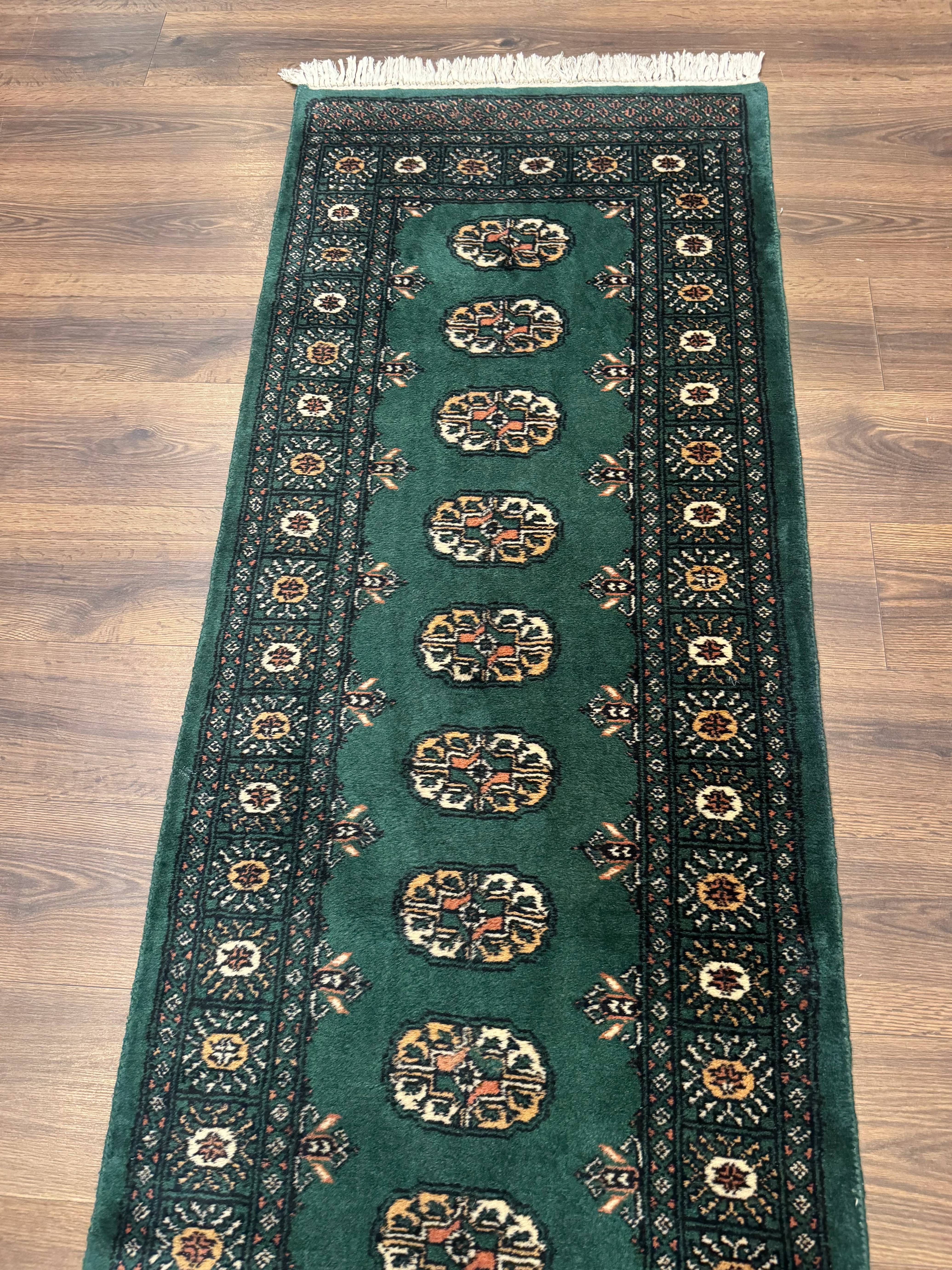 Pakistani Bokhara Runner Rug 2.5 x 11, Green Turkoman Wool Runner for Hallway - Jewel Rugs