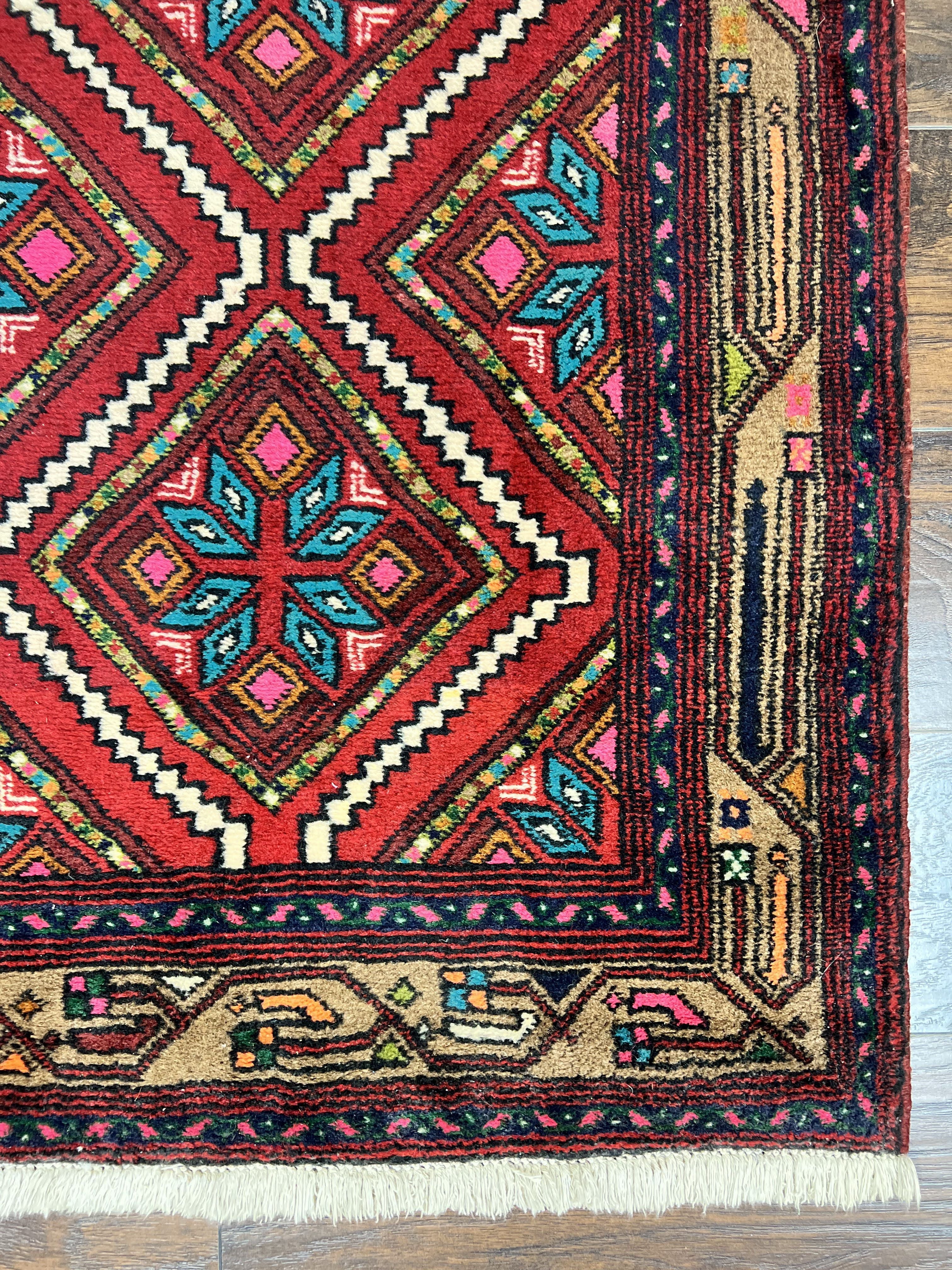 Persian Tribal Runner Rug 3x10, Red Camel Hair Navy Blue, Handmade Hand Knotted 10ft Wool Oriental Vintage Runner for Kitchen or Hallway, Persian Lilihan Hamadan Runner - Jewel Rugs