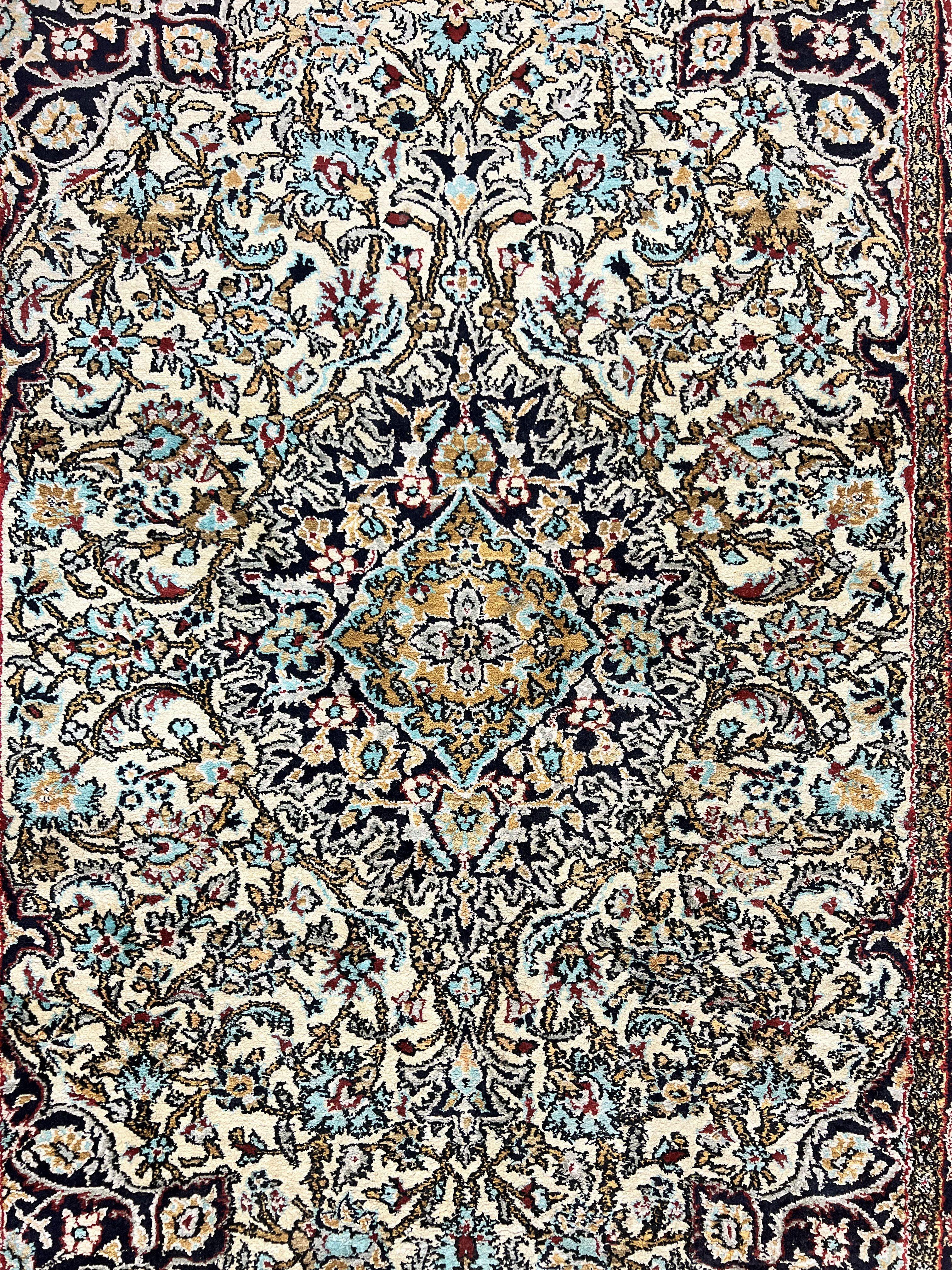 Silk Persian Qum Rug 4x5, Hand Knotted Vintage Carpet, Cream & Navy Blue, Silk Pile on Silk Foundation, Very Fine 360 KPSI - Jewel Rugs