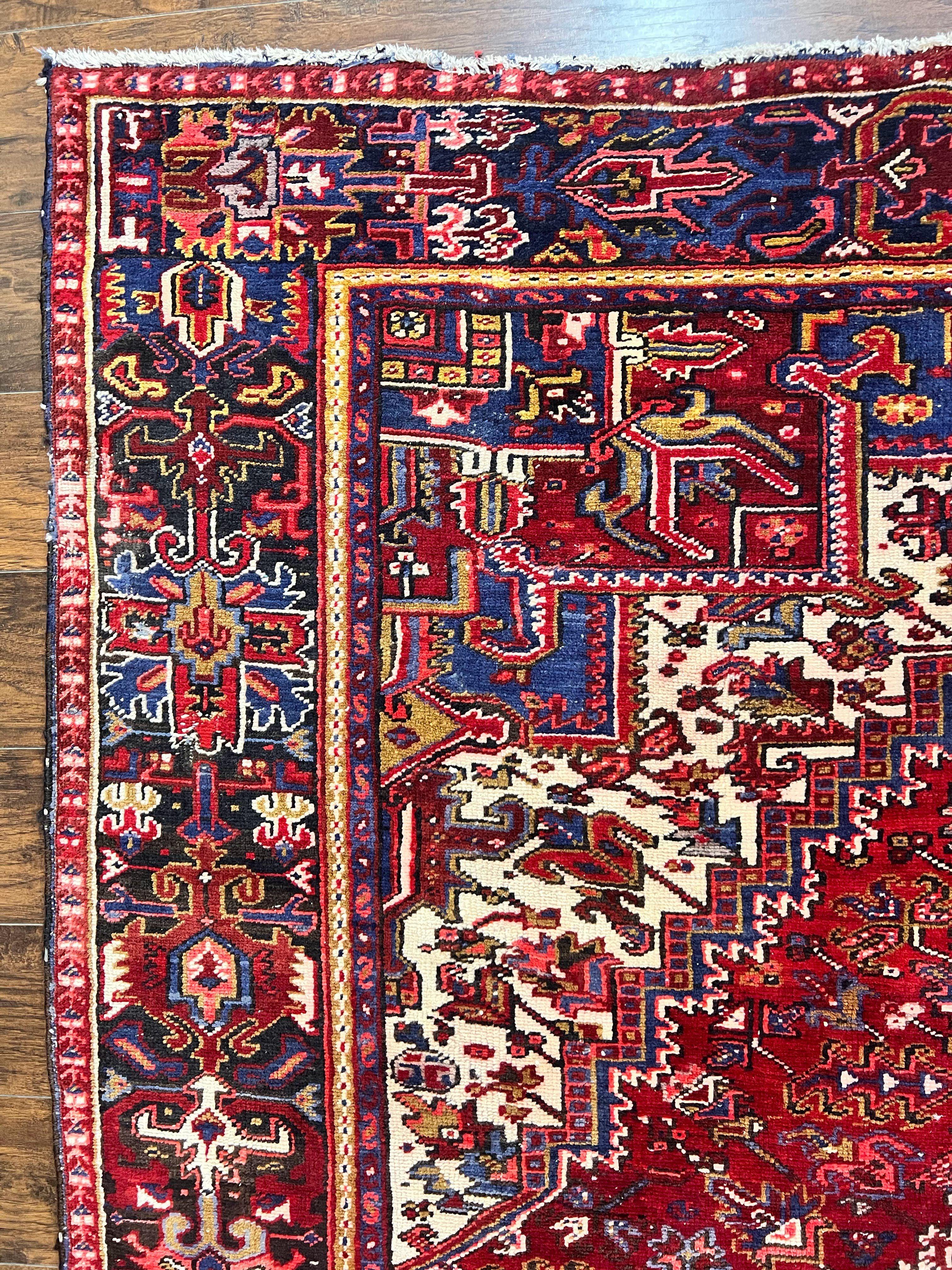 Persian Heriz Rug 9x11 ft, Geometric Rug 9 x 11, Red Room Sized Semi Antique Vintage Wool Hand Knotted Oriental Carpet - Jewel Rugs