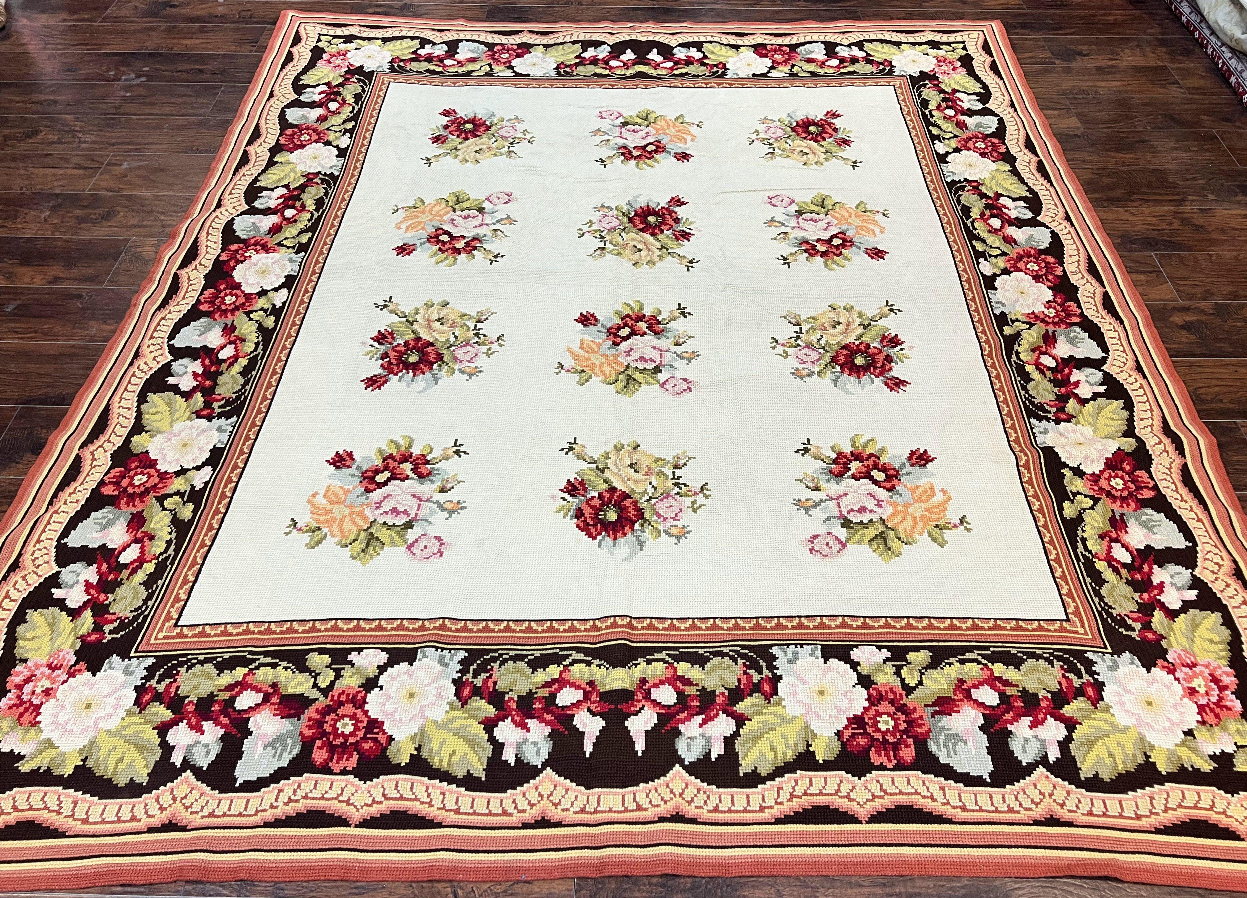 Portuguese Needlepoint Rug 8x9, Vintage Rug 8 x 9 ft, Ivory Dark Brown Hand-Woven Wool Portuguese Carpet, European Rug - Jewel Rugs