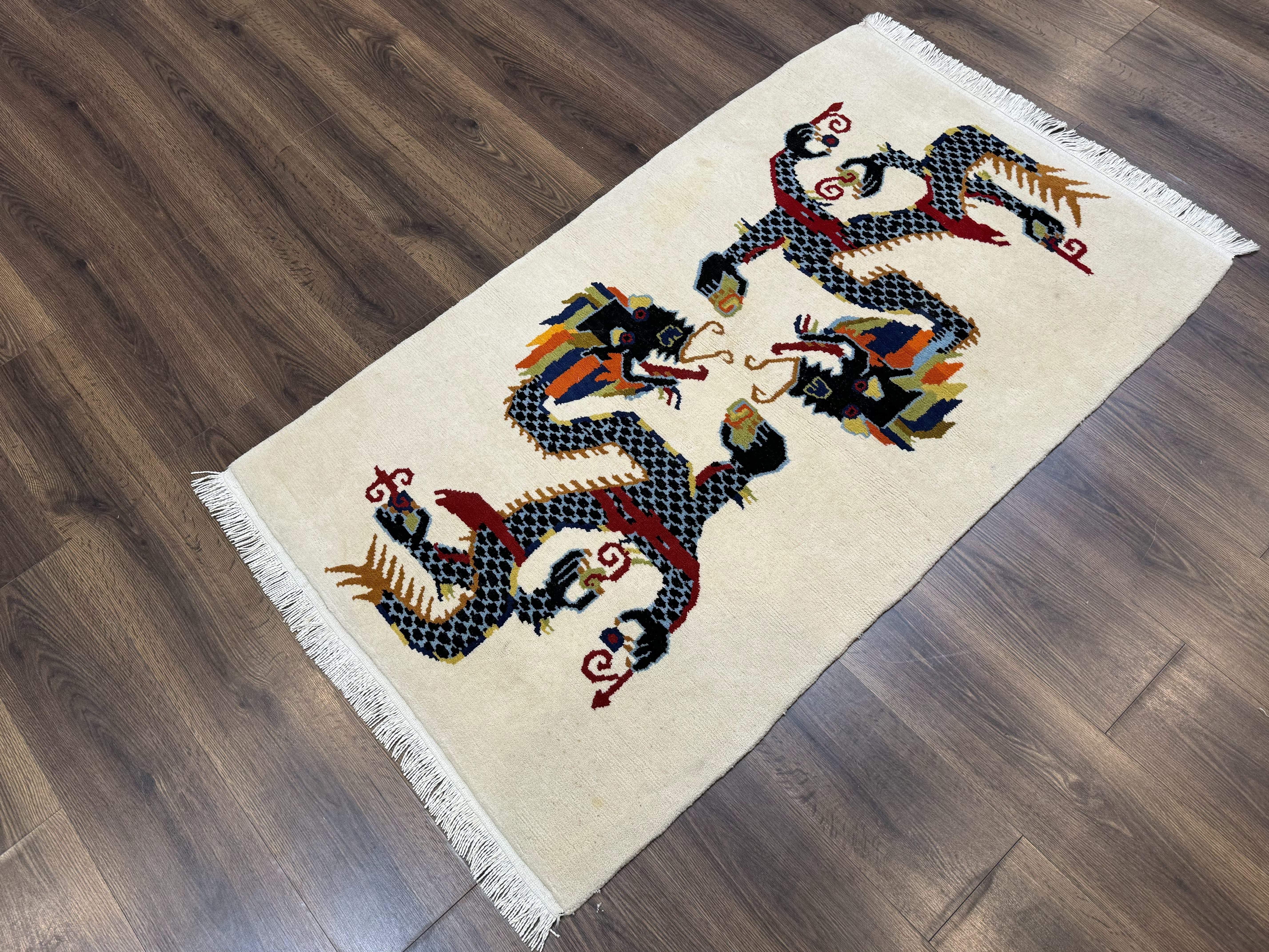Chinese Double Dragon Rug 3x5 – Ivory, Hand-Knotted Wool Vintage - Jewel Rugs