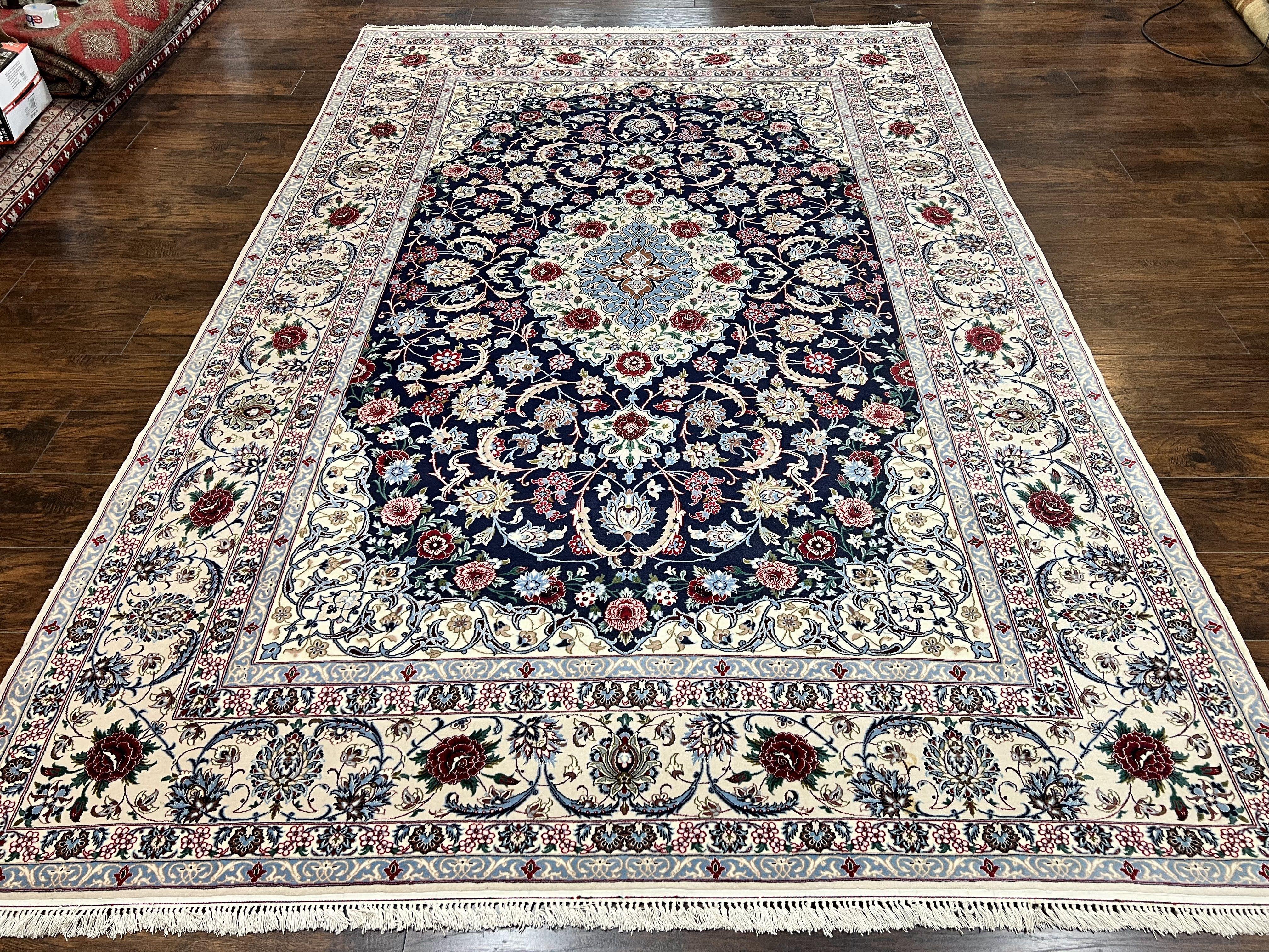 Marvelous Persian Isfahan Rug 7x10, Super Fine Hand Knotted Wool Oriental Carpet 7 x 10 ft, Navy Blue Ivory, Floral Medallion, Semi Antique Vintage - Jewel Rugs
