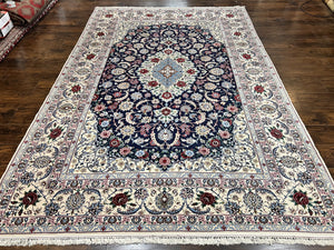 Marvelous Persian Isfahan Rug 7x10, Super Fine Hand Knotted Wool Oriental Carpet 7 x 10 ft, Navy Blue Ivory, Floral Medallion, Semi Antique Vintage