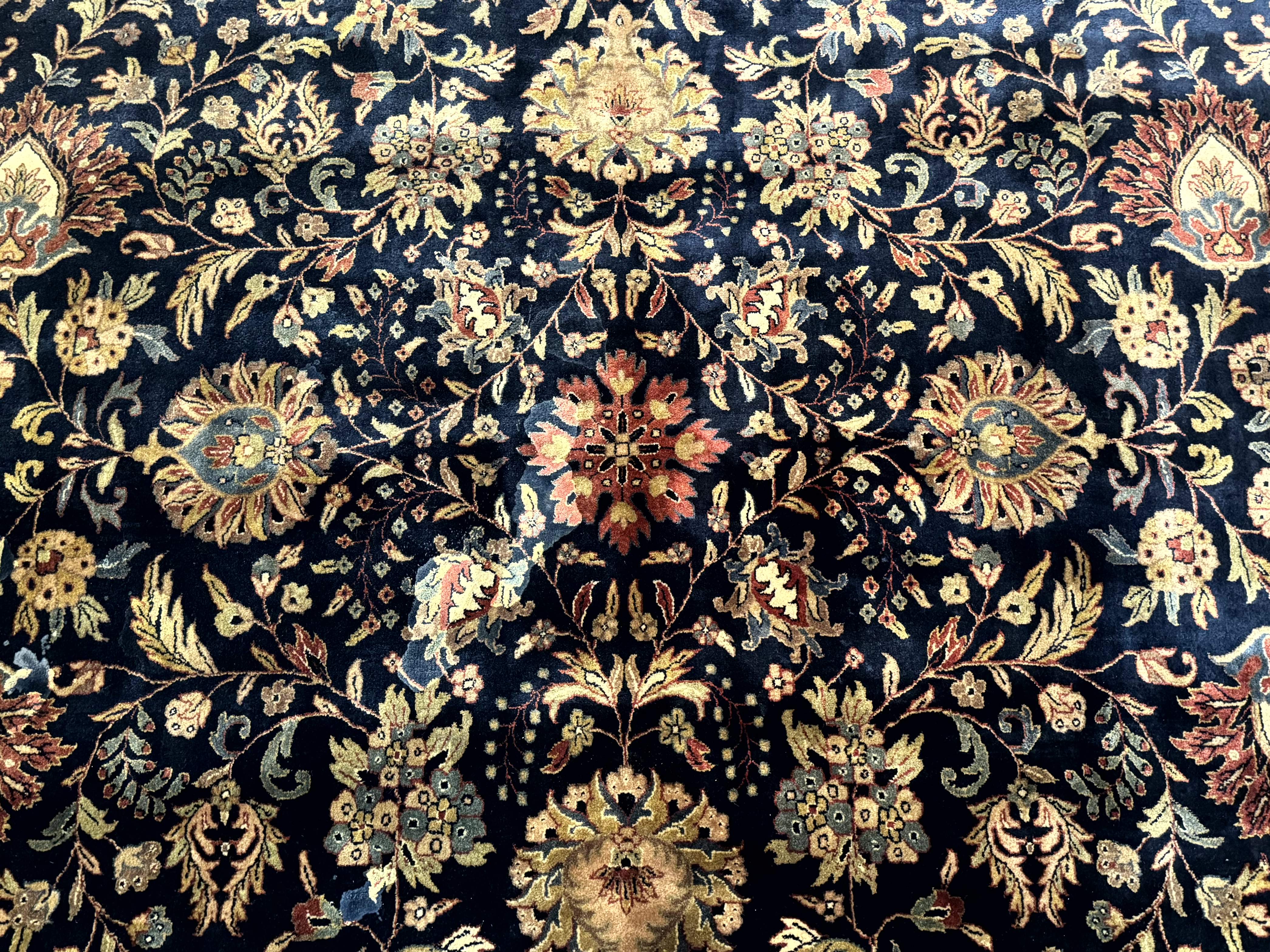 Large Indo Persian Rug 10x14, Navy Blue and Terracotta, Allover Floral Pattern - Jewel Rugs