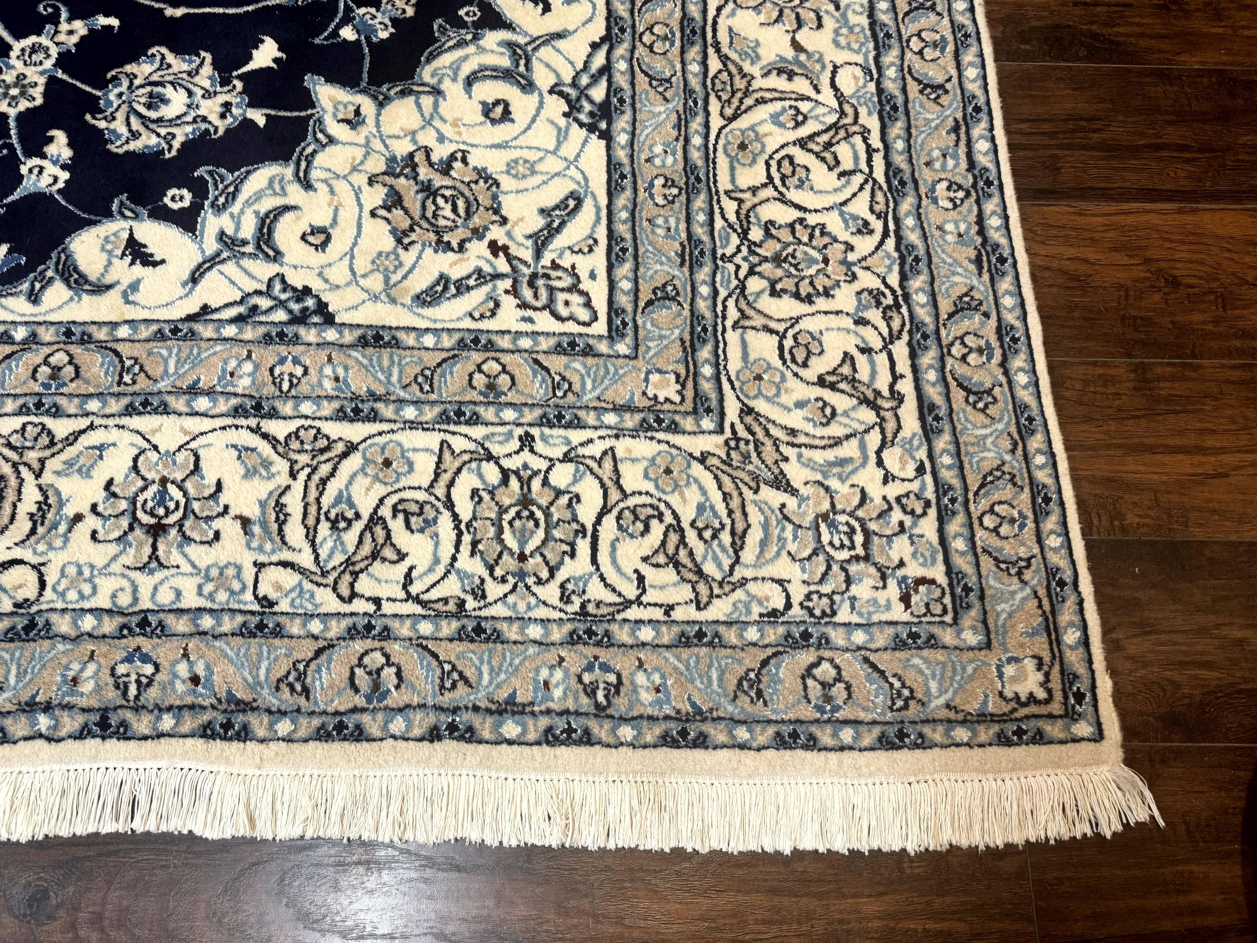 Persian Nain Rug 8x11, Navy Blue and Ivory, Handmade Wool Vintage Carpet, Floral Medallion - Jewel Rugs