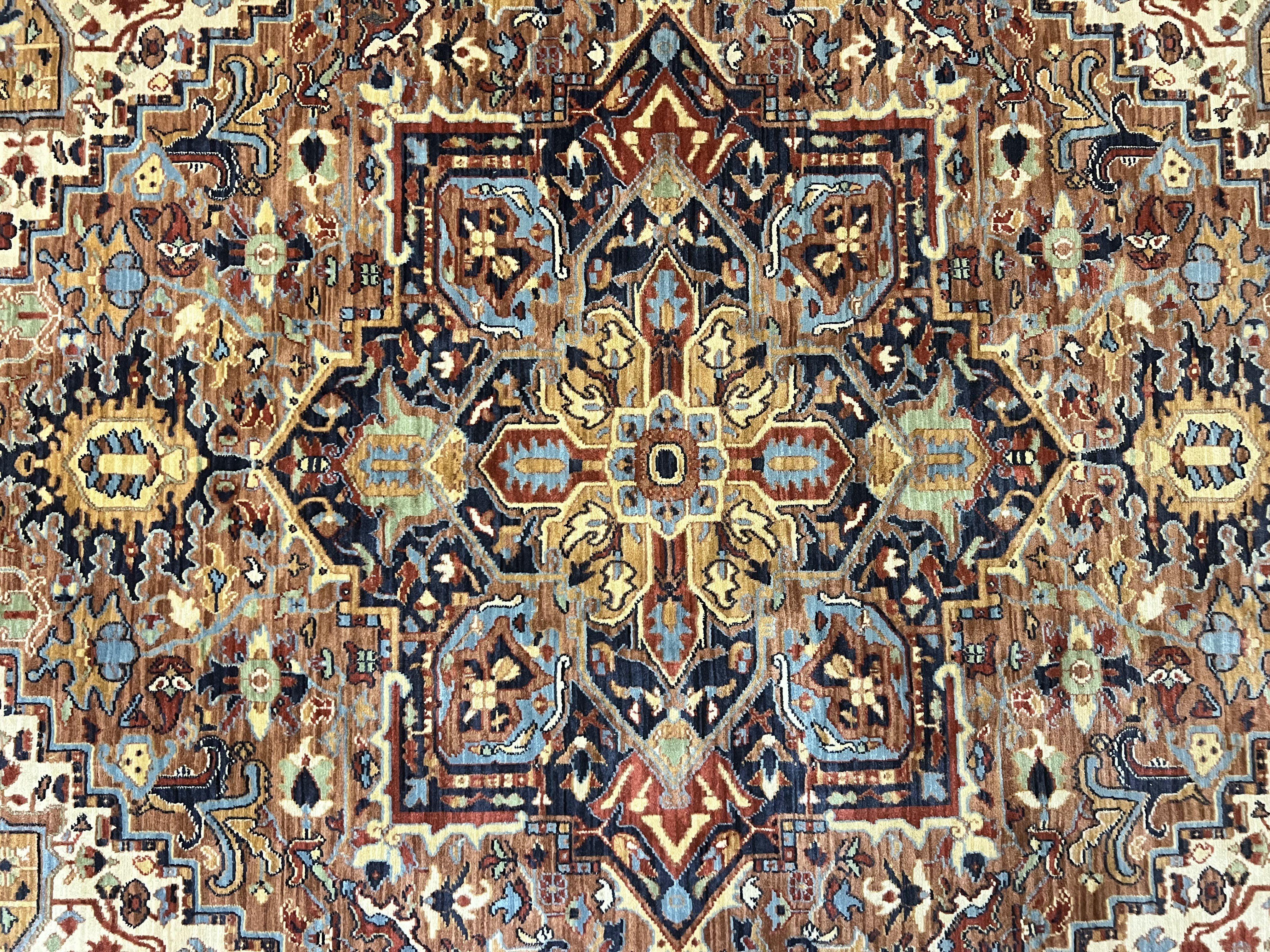 Karastan Rug 8 x 10.5, English Manor Windsor Heriz Karastan Carpet 8x10, Geometric Design, Wool Vintage Area Rug 8 x 10 ft, Red Navy - Jewel Rugs