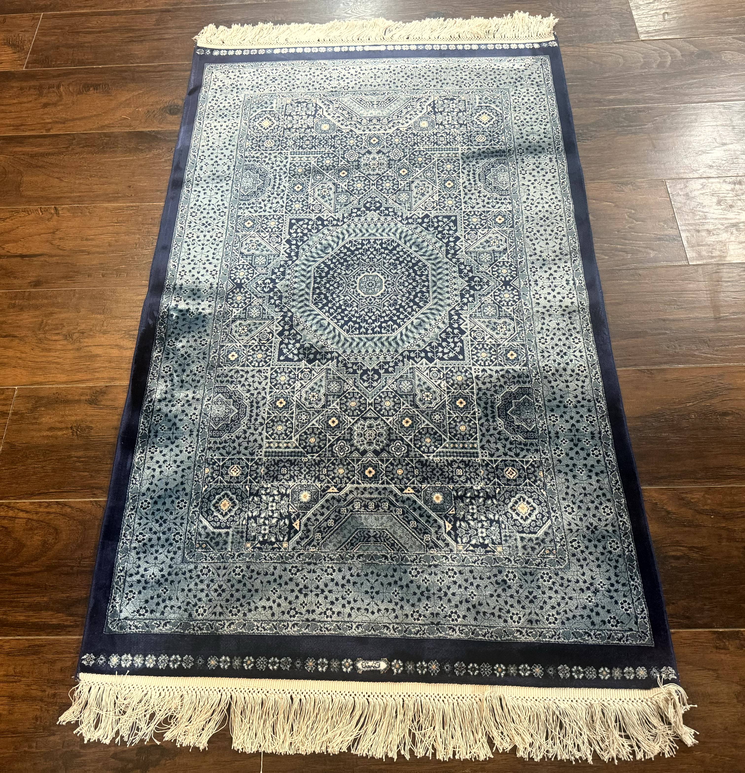 Blue Turkish Silk Hereke Rug 2.6 x 4, Mamluk Red, Blue, Bamboo Silk - Jewel Rugs