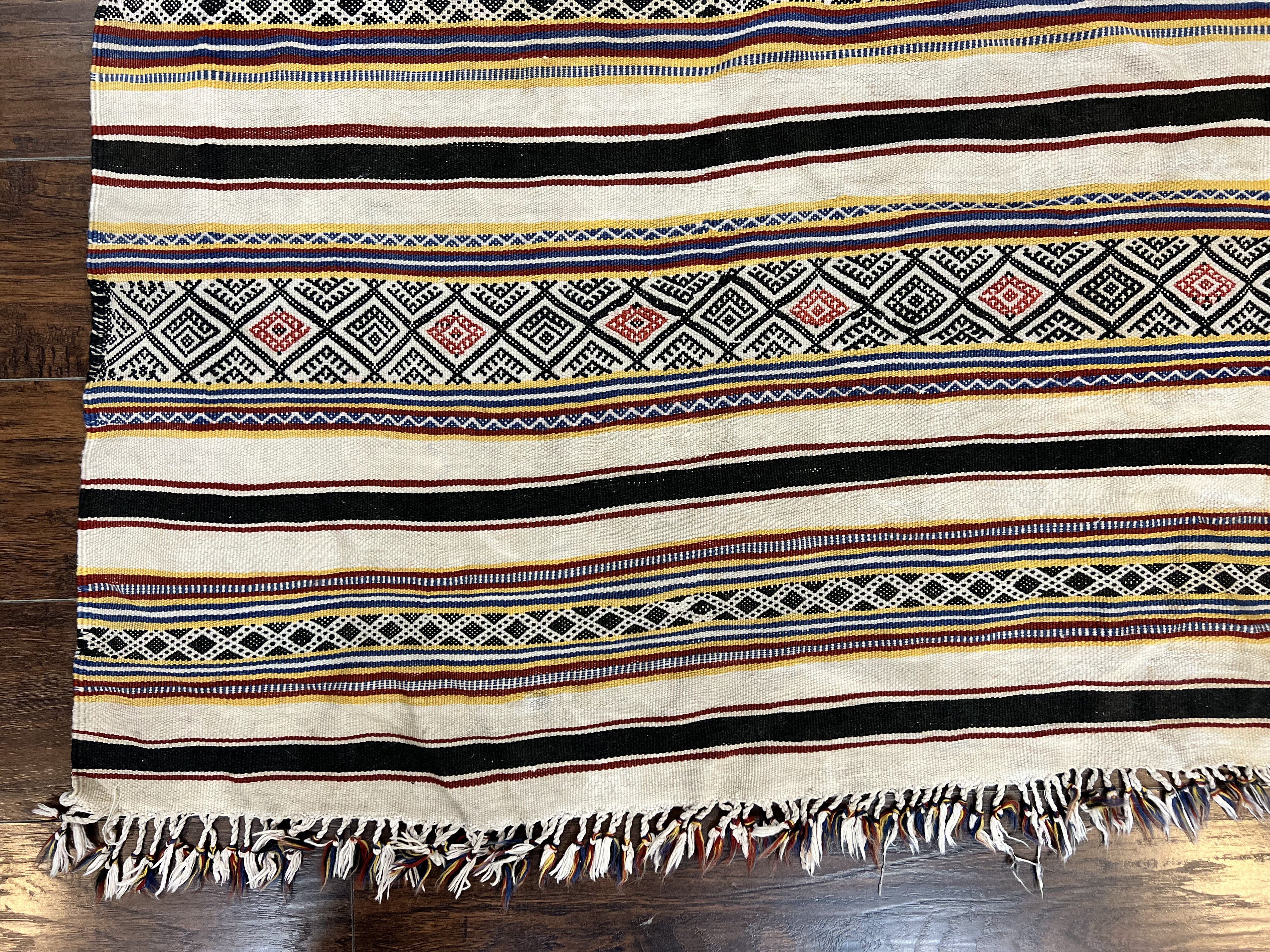 South American Kilim Rug 4x7 ft, Wool Handmade Vintage Carpet, Ivory Black Multicolor Stripes, Bohemian Blanket Rug, Flatweave Area Rug - Jewel Rugs