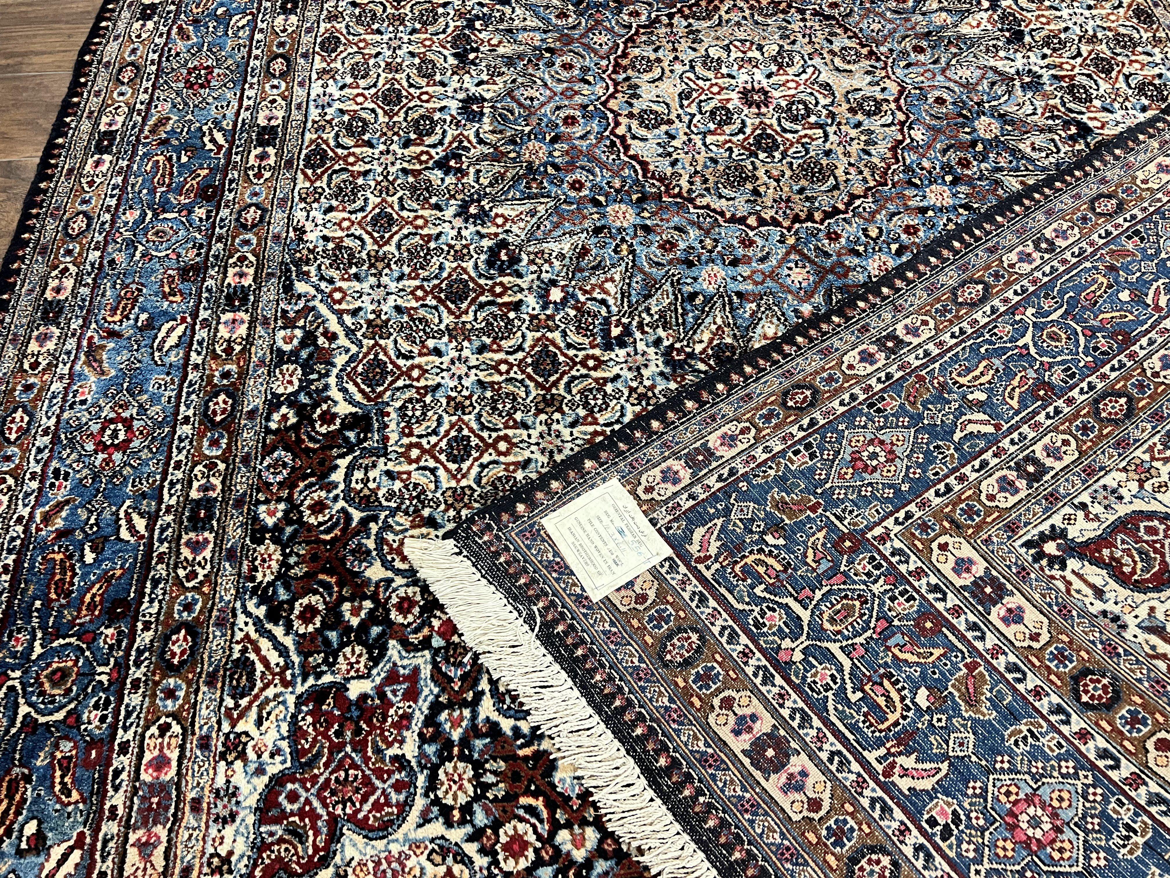 Persian Mashad Rug 7x10, Floral Medallion, Wool Hand Knotted Vintage Oriental Carpet, Blue & Ivory, Traditional Room Sized Rug - Jewel Rugs
