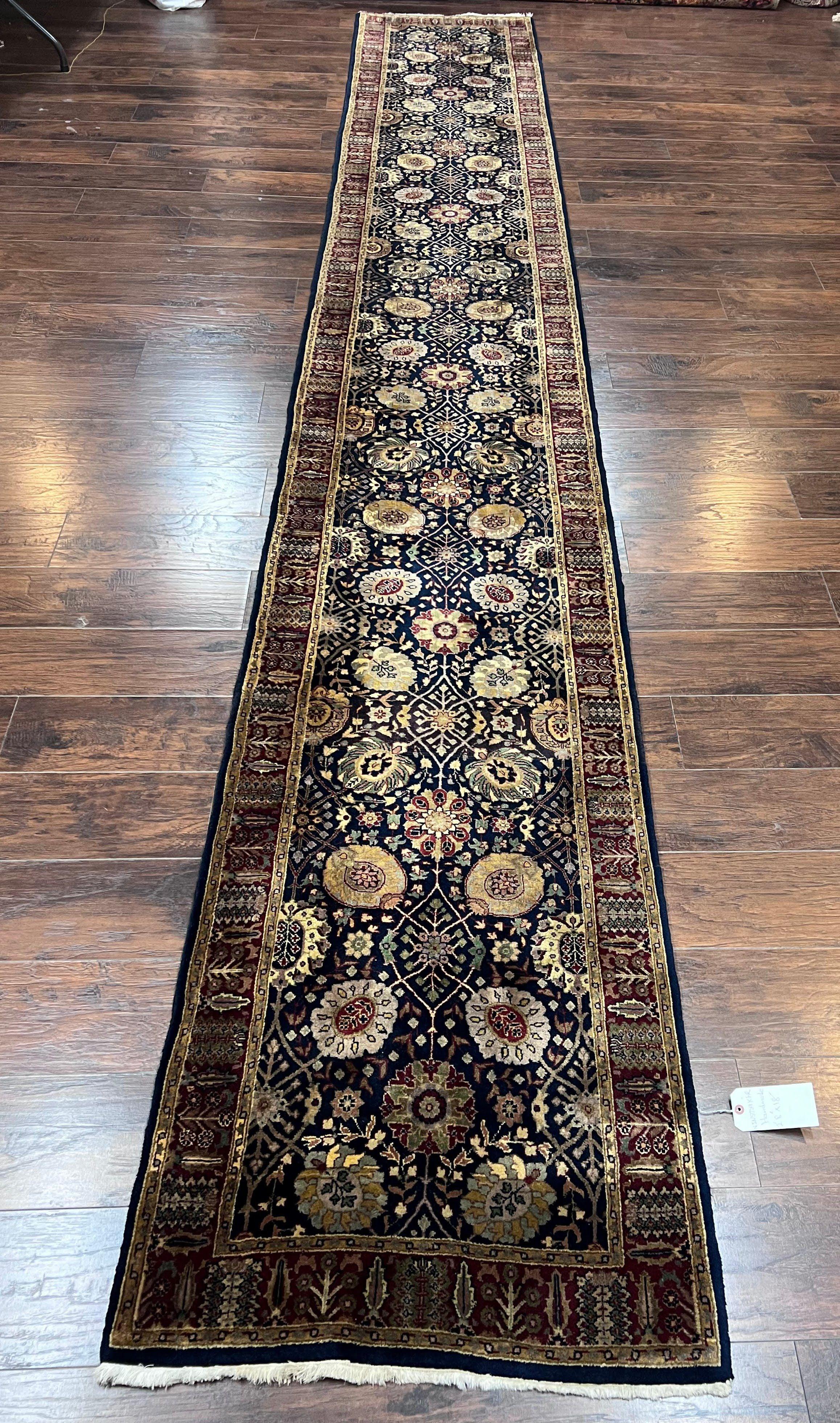 Indo Persian Runner 2.8 x 18, Long Skinny Hallway Wool Runner Rug, Hand Knotted Vintage Floral Allover Traditional Runner Dark Blue Burgundy - Jewel Rugs