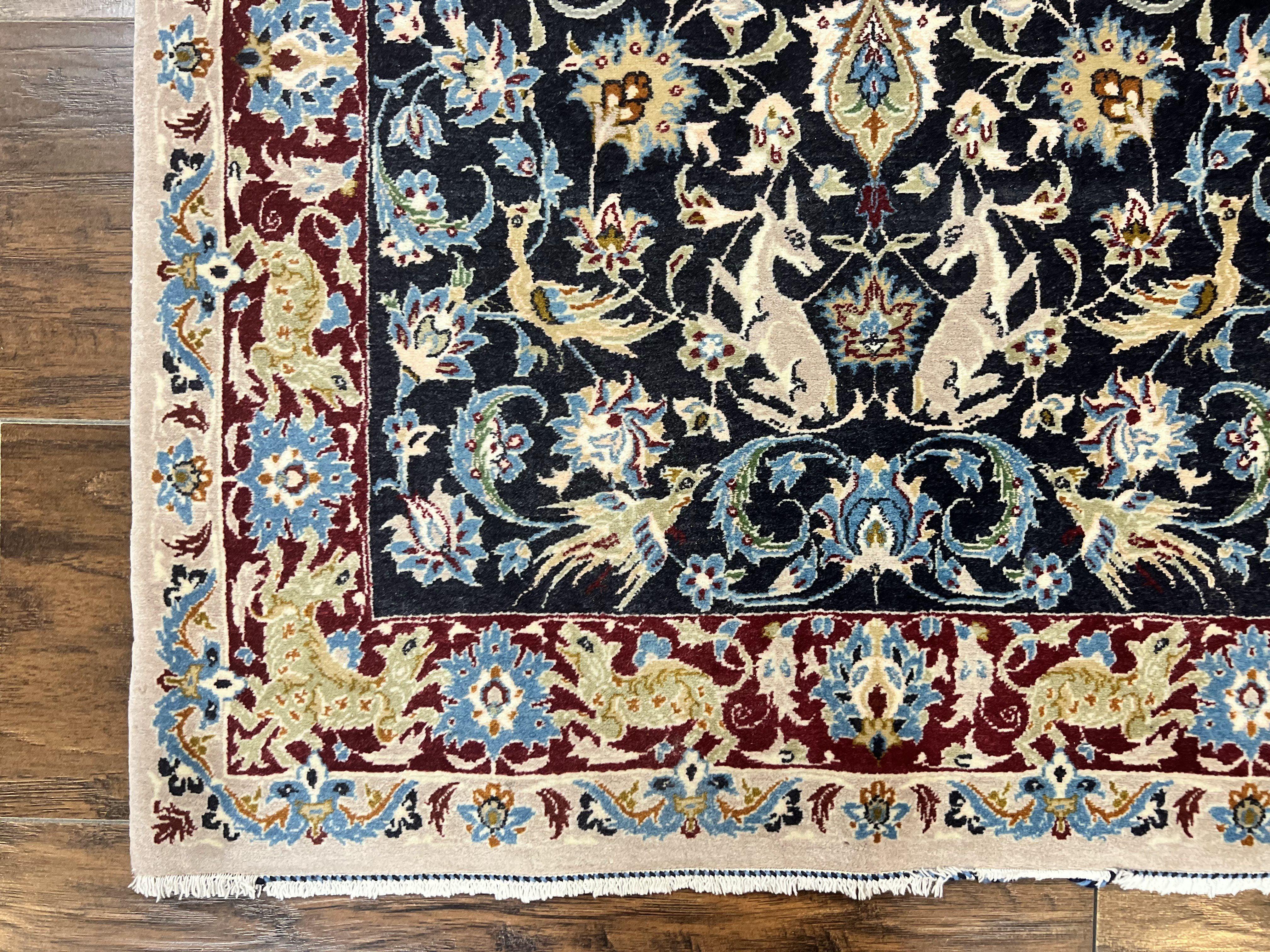 Wonderful Persian Isfahan Rug 2.4 x 4, Animal Pictorials Deer, Floral, Handmade Vintage Navy Blue Small Persian Carpet, Very Fine 430 KPSI Kork Wool - Jewel Rugs