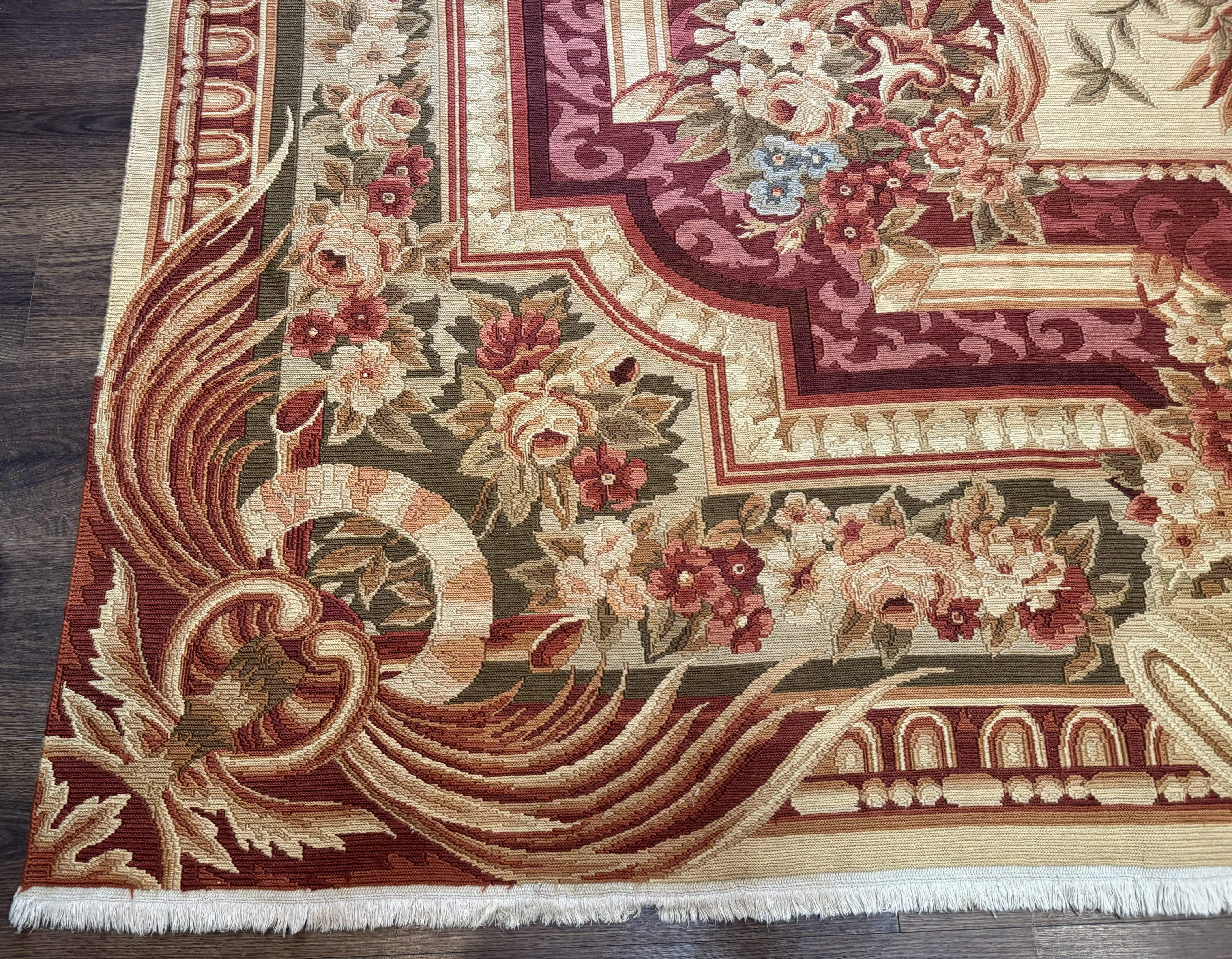 Large Aubusson Rug 10x13, Thick Flatweave Carpet, Elegant European Design, Cream and Raspberry - Jewel Rugs