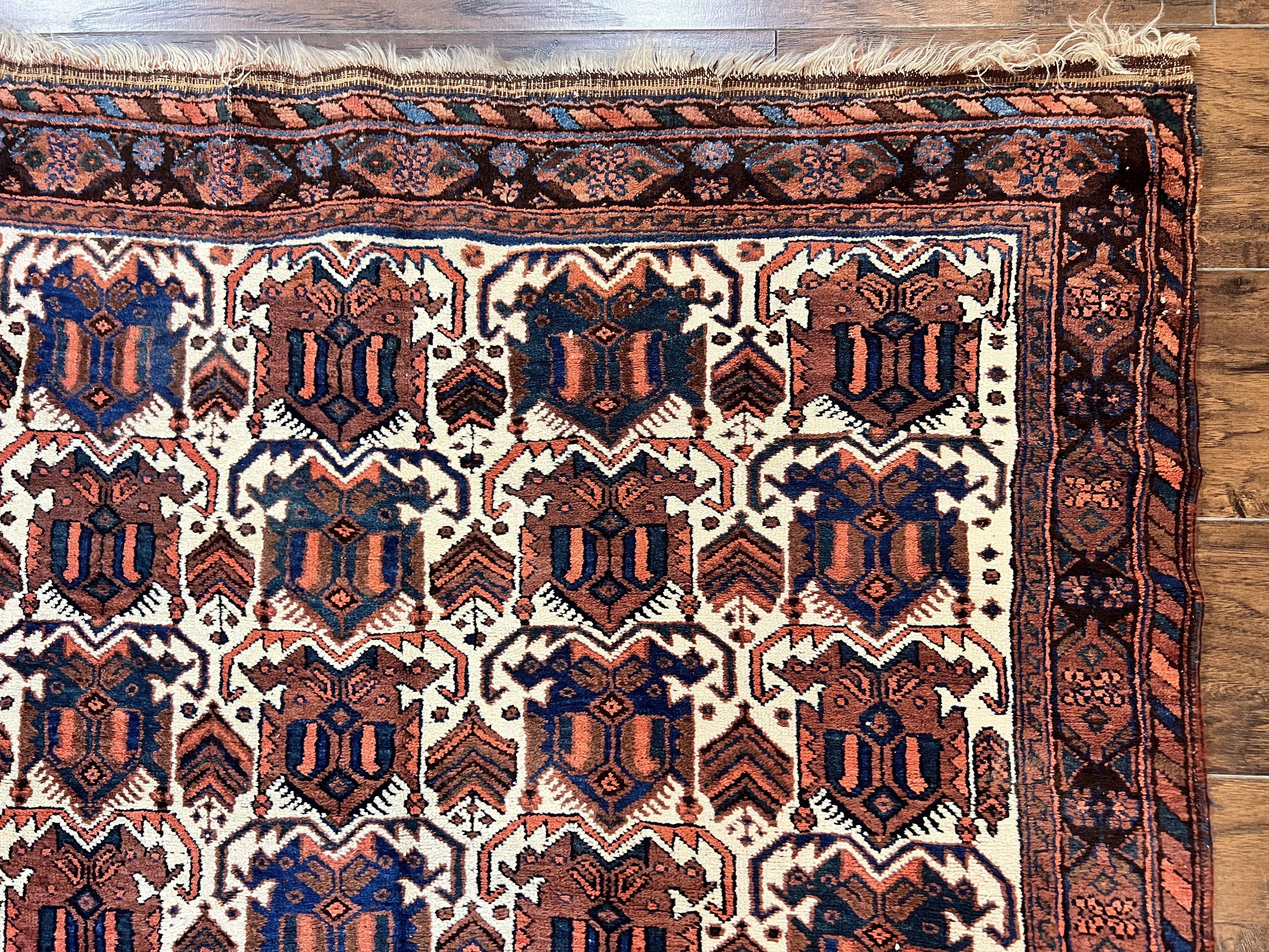 Persian Afshar Rug 4x5, Repeated Motif, Ivory & Burgundy, Wool Tribal Oriental Carpet, Handmade Vintage Semi Antique Medium Sized Rug - Jewel Rugs