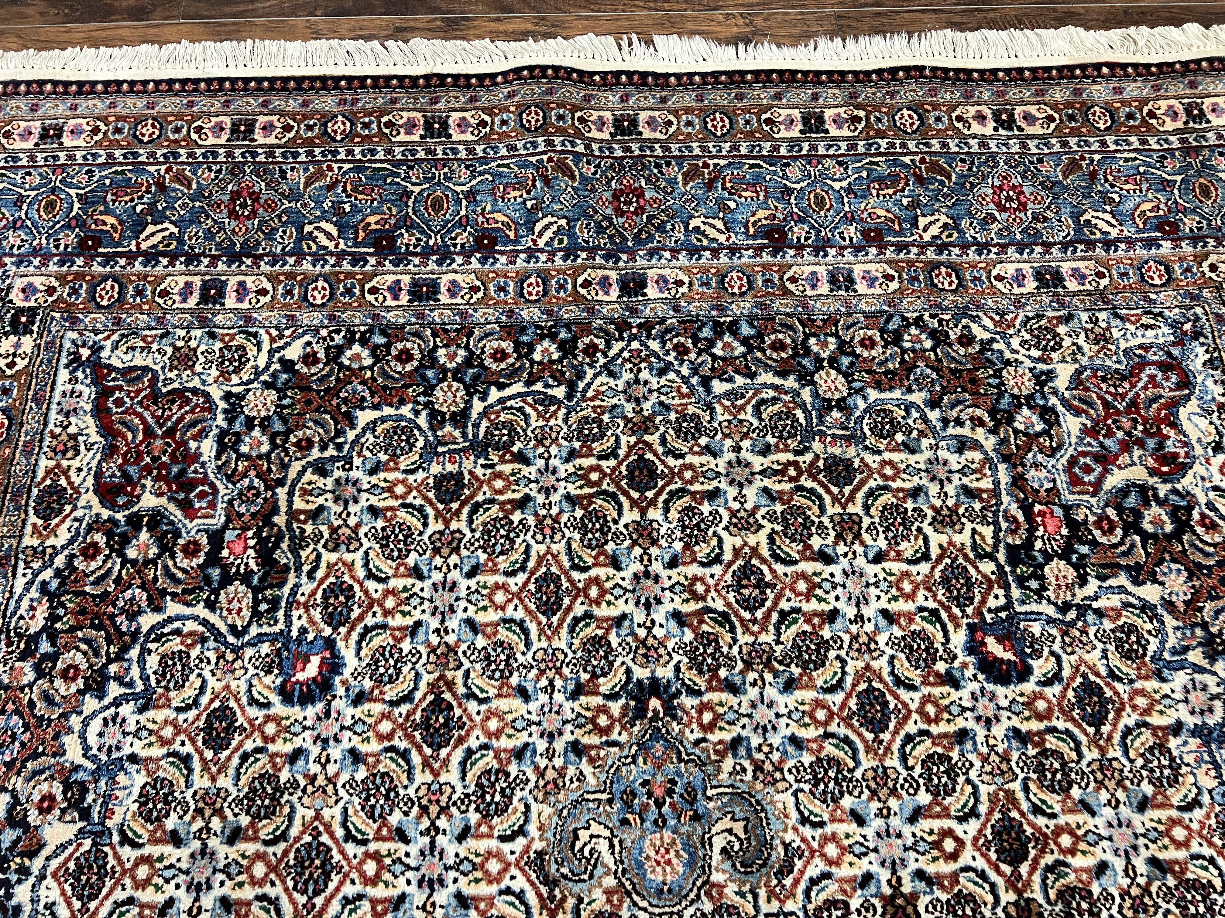 Persian Mashad Rug 7x10, Floral Medallion, Wool Hand Knotted Vintage Oriental Carpet, Blue & Ivory, Traditional Room Sized Rug - Jewel Rugs