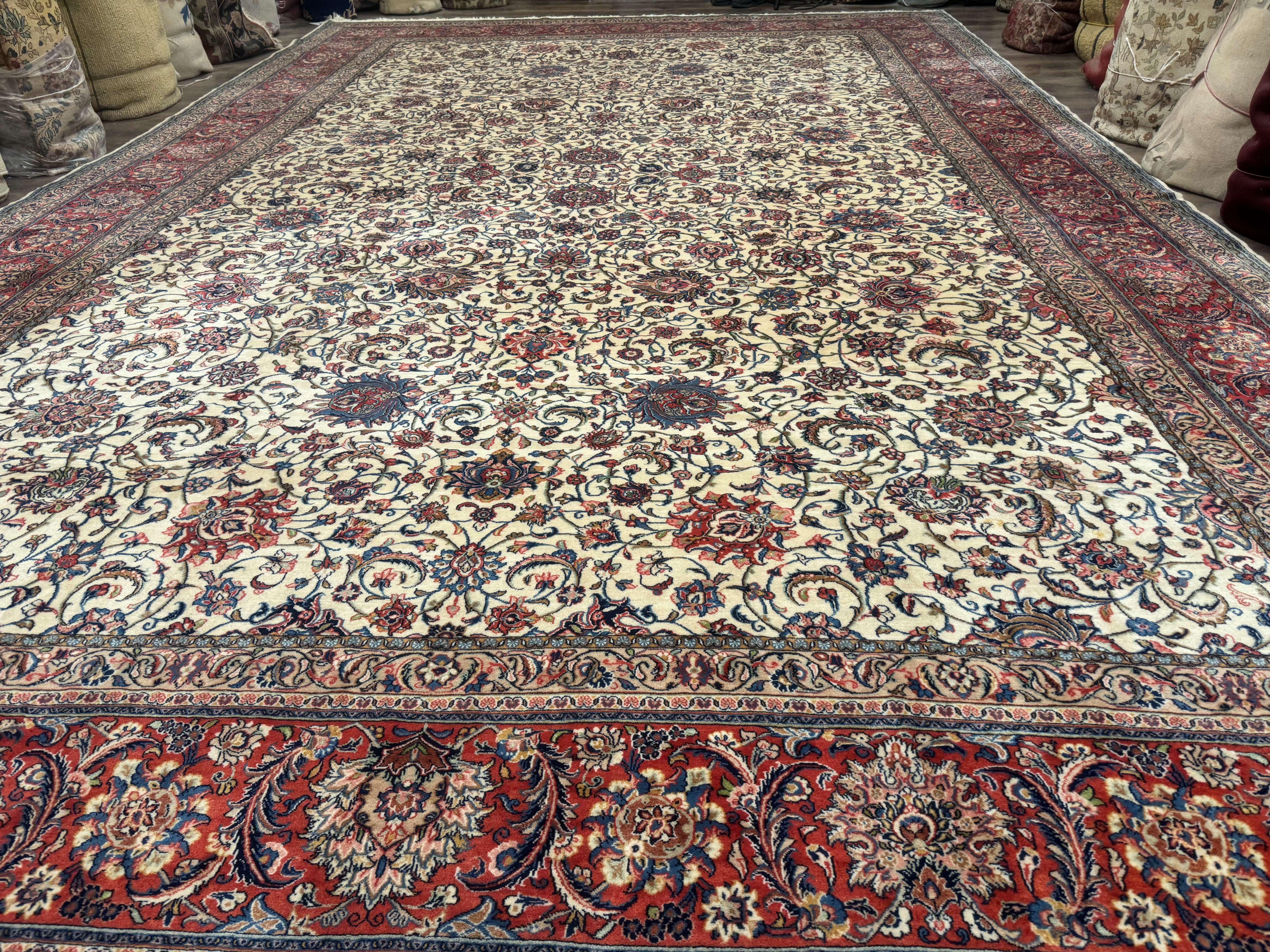 Ivory Persian Sarouk Rug 13x20, Palace Size Carpet, 225 KPSI, Traditional Wool Handmade Vintage Extra Large Rug 13 x 20 ft, Allover Pattern, - Jewel Rugs