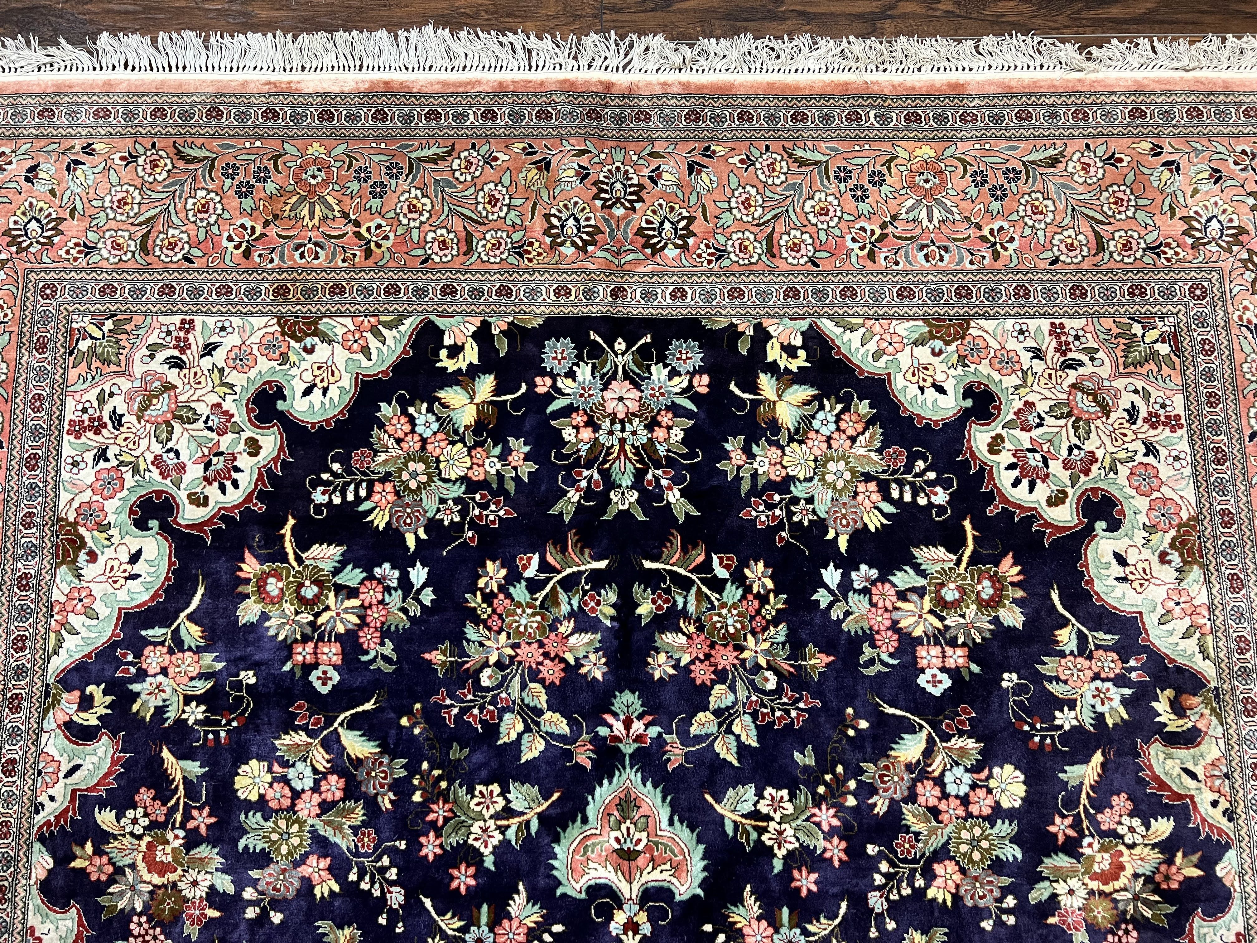 Stunning Silk Persian Qum Rug 7x9, Finely Hand Knotted Navy Blue & Salmon Floral Medallion Authentic Oriental Carpet, Vintage Handmade Silk Ghom Rug, Silk on Silk - Jewel Rugs