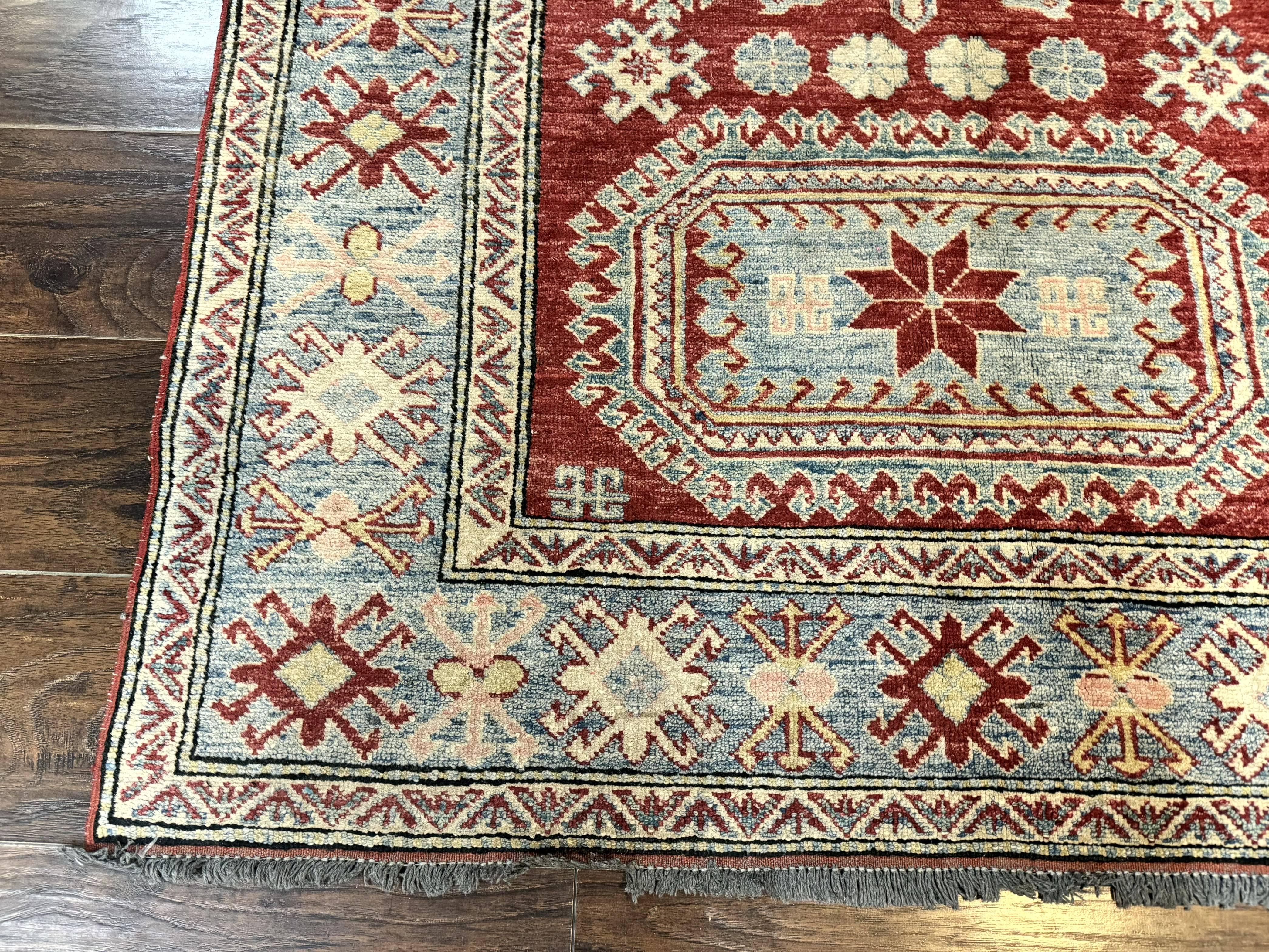 Turkish Kazak Rug 4x6, Handmade Vintage Wool Carpet, Geometric Design, Red and Light Blue - Jewel Rugs