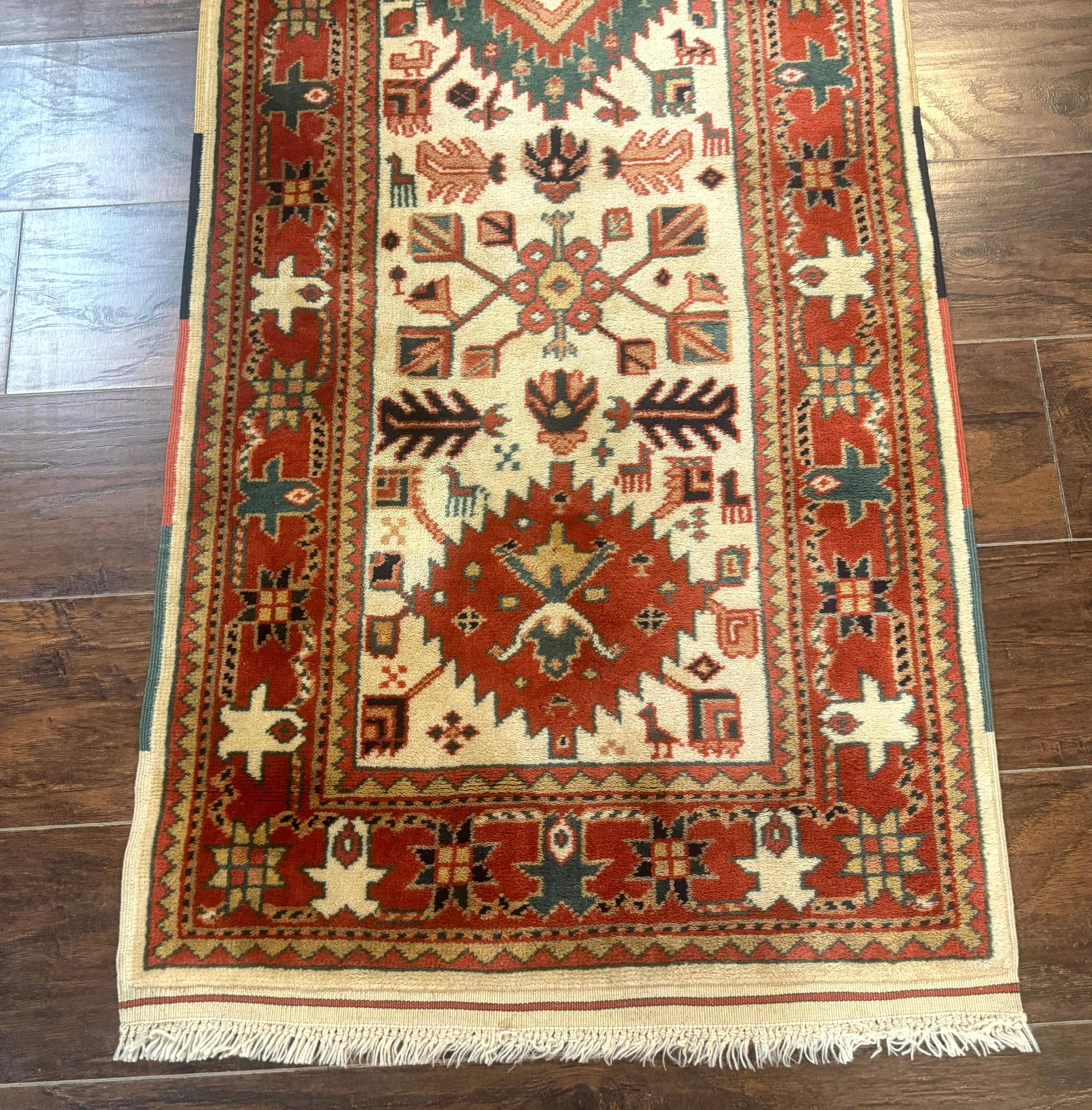 Turkish Runner Rug 2.4 x 8, Kazak Geometric Heriz Pattern, Beige Red - Jewel Rugs