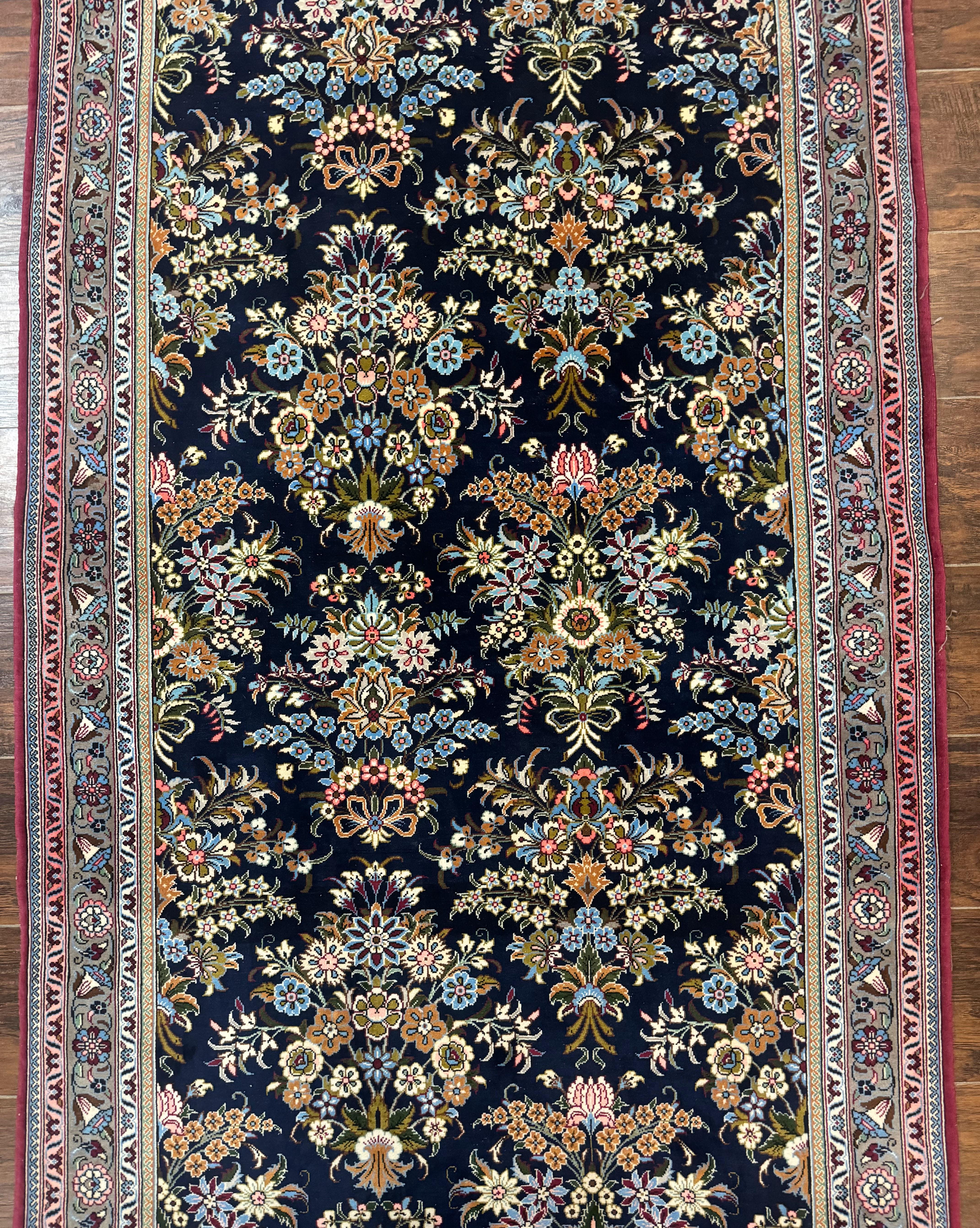 Persian Runner Rug 3.6 x 13, Floral Bouquets, Navy Blue, Colorful Flowers, Fine 210 KPSI - Jewel Rugs