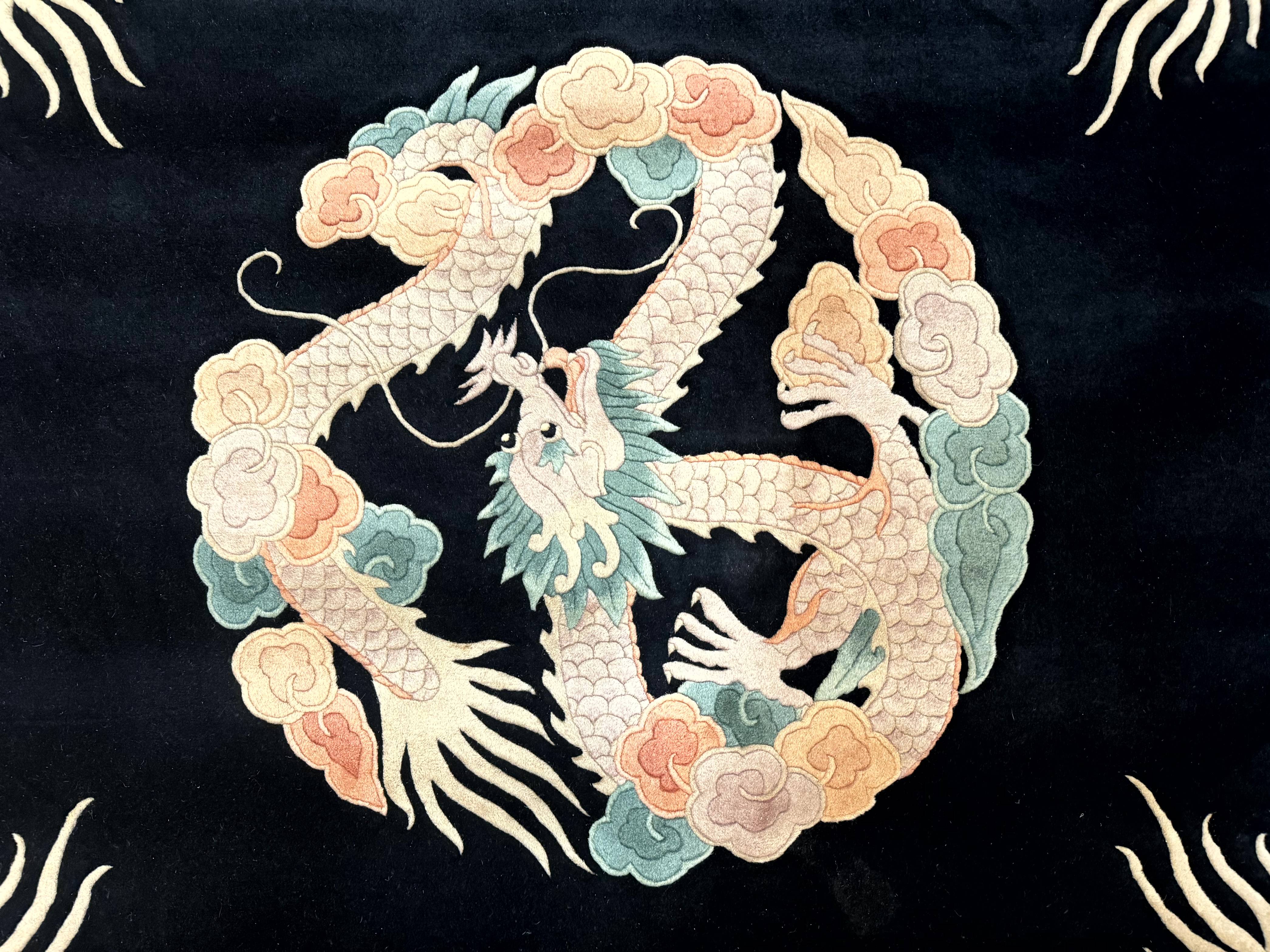 Black Chinese Wool Rug 8x10 with Dragons, Rainbow Borders, Rare - Jewel Rugs