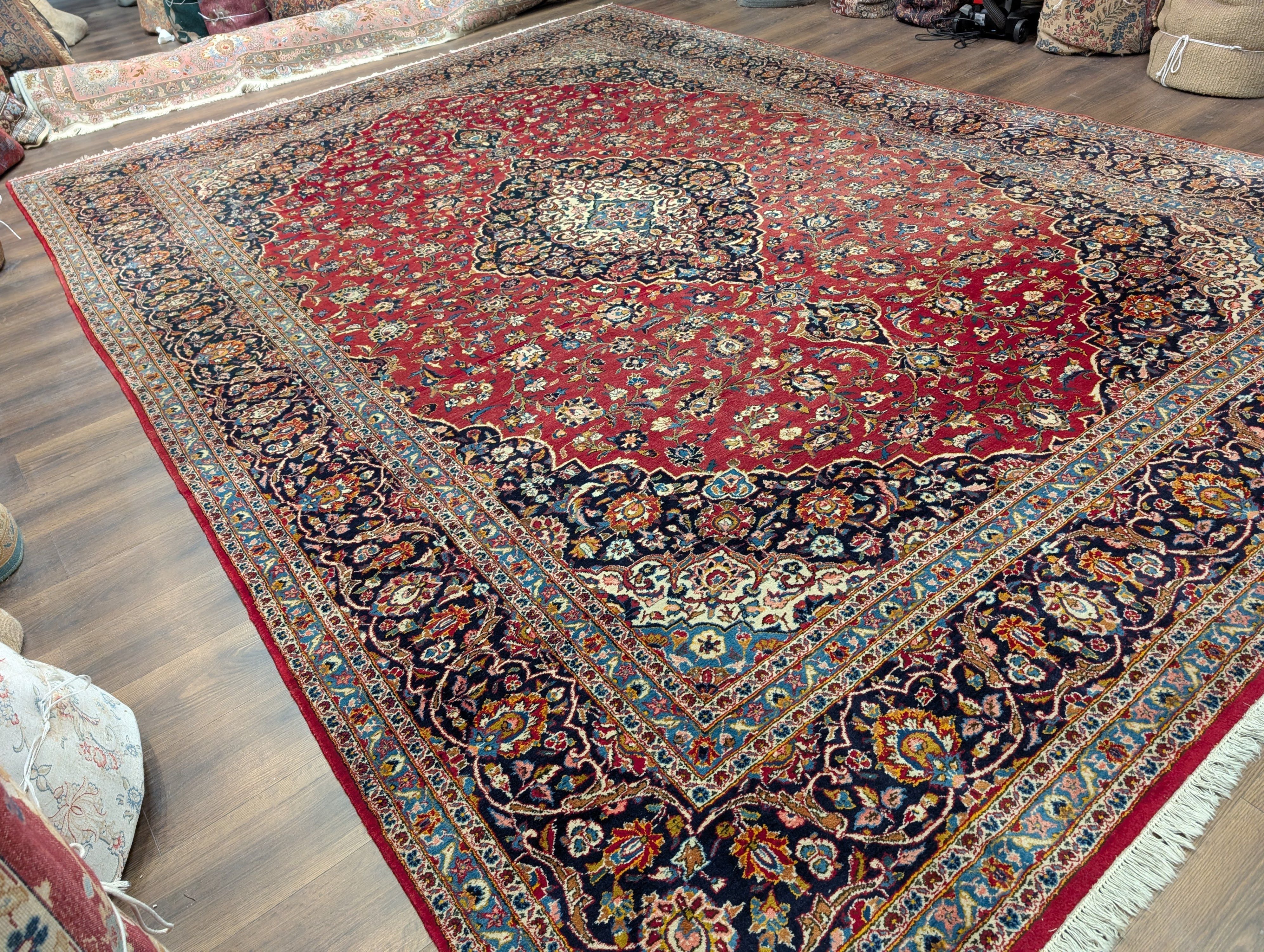 Persian Kashan Rug 10x14, Red and Navy, Hand Knotted Wool Traditional Persian Carpet, Signed By Master Weaver - Jewel Rugs