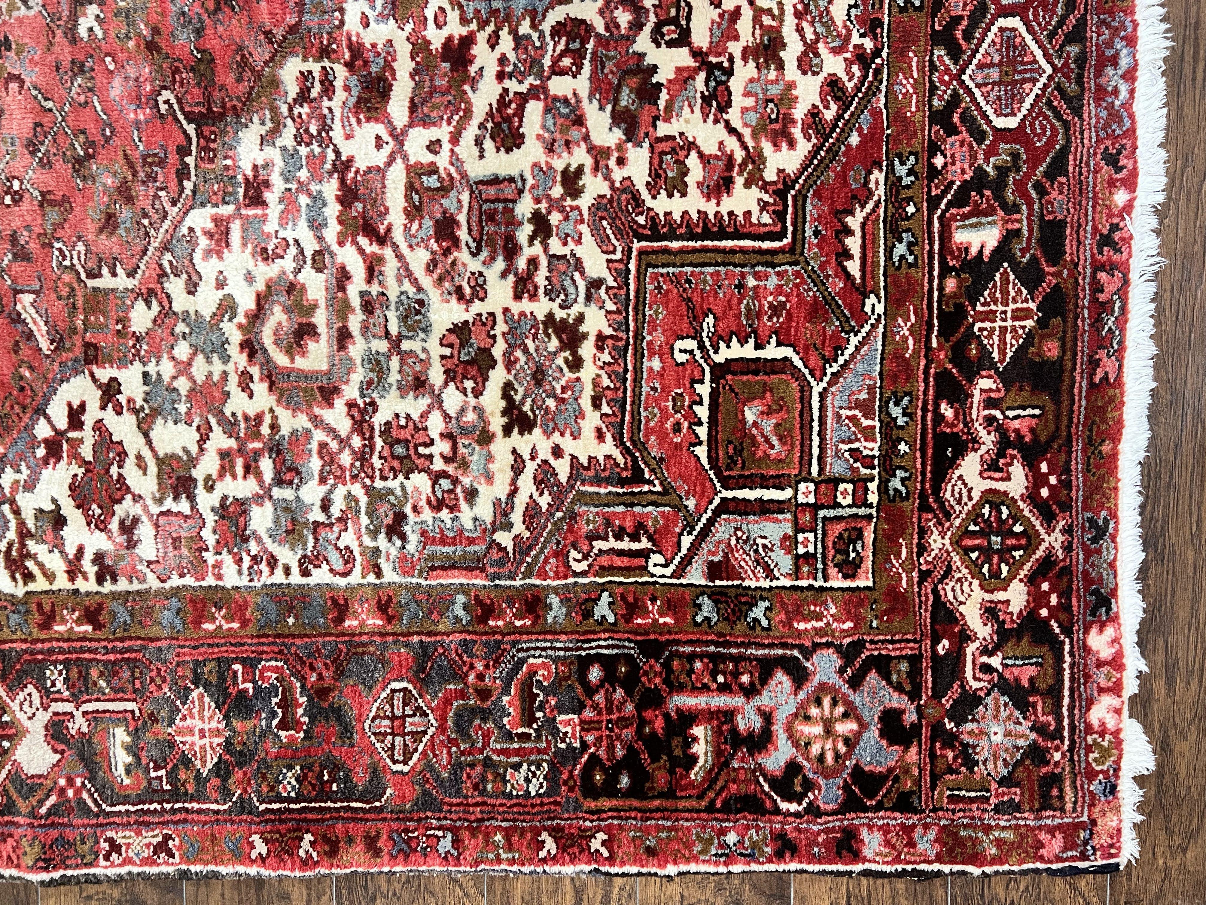 Large Persian Heriz Rug 10x13, Red and Cream Geometric Tribal Room Sized Handmade Wool Hand Knotted Semi Antique Decorative Oriental Carpet - Jewel Rugs