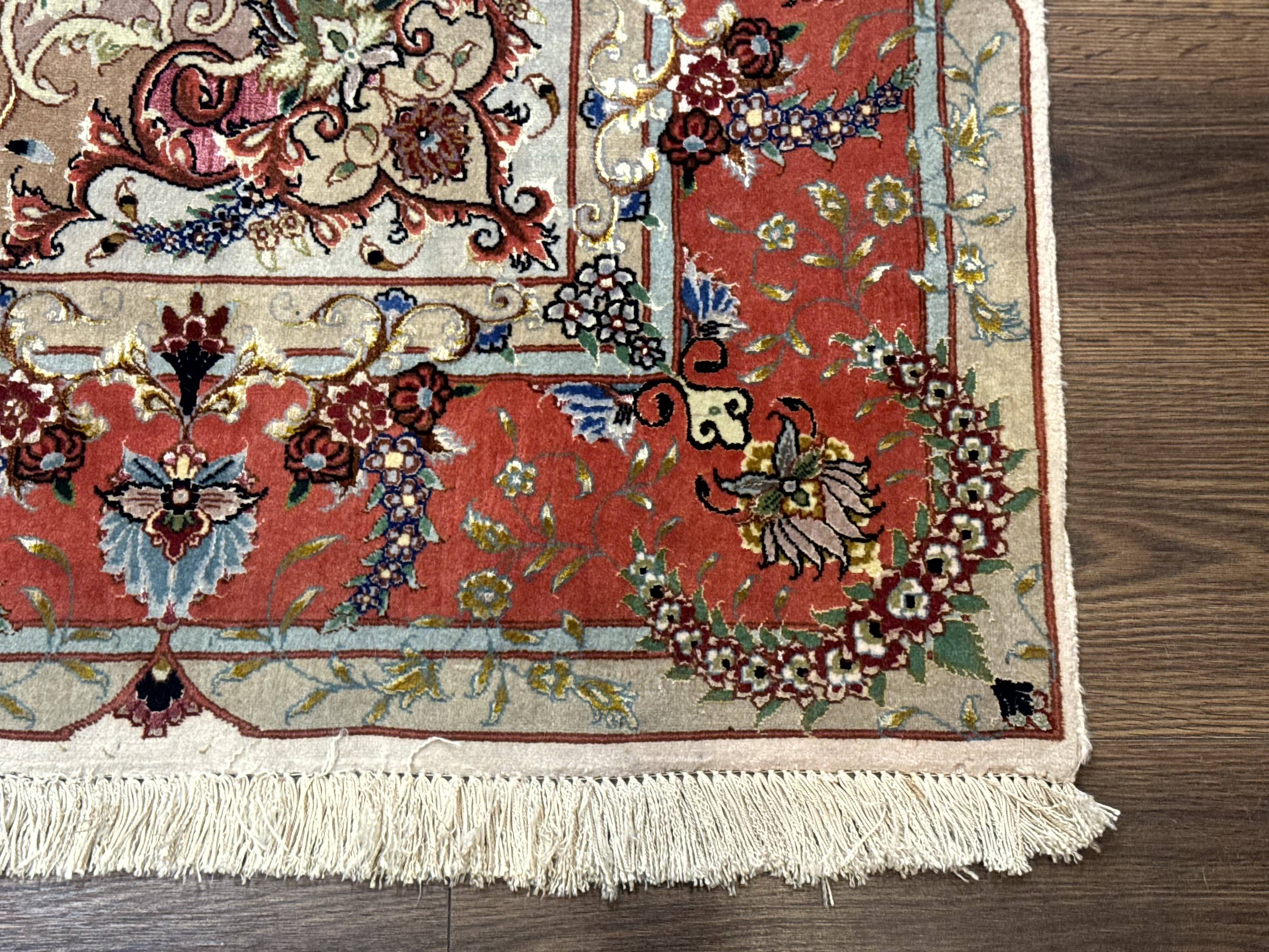 Wonderful Persian Tabriz Rug 5x7, Very Fine 440 KPSI, Ivory and Coral, Rare - Jewel Rugs