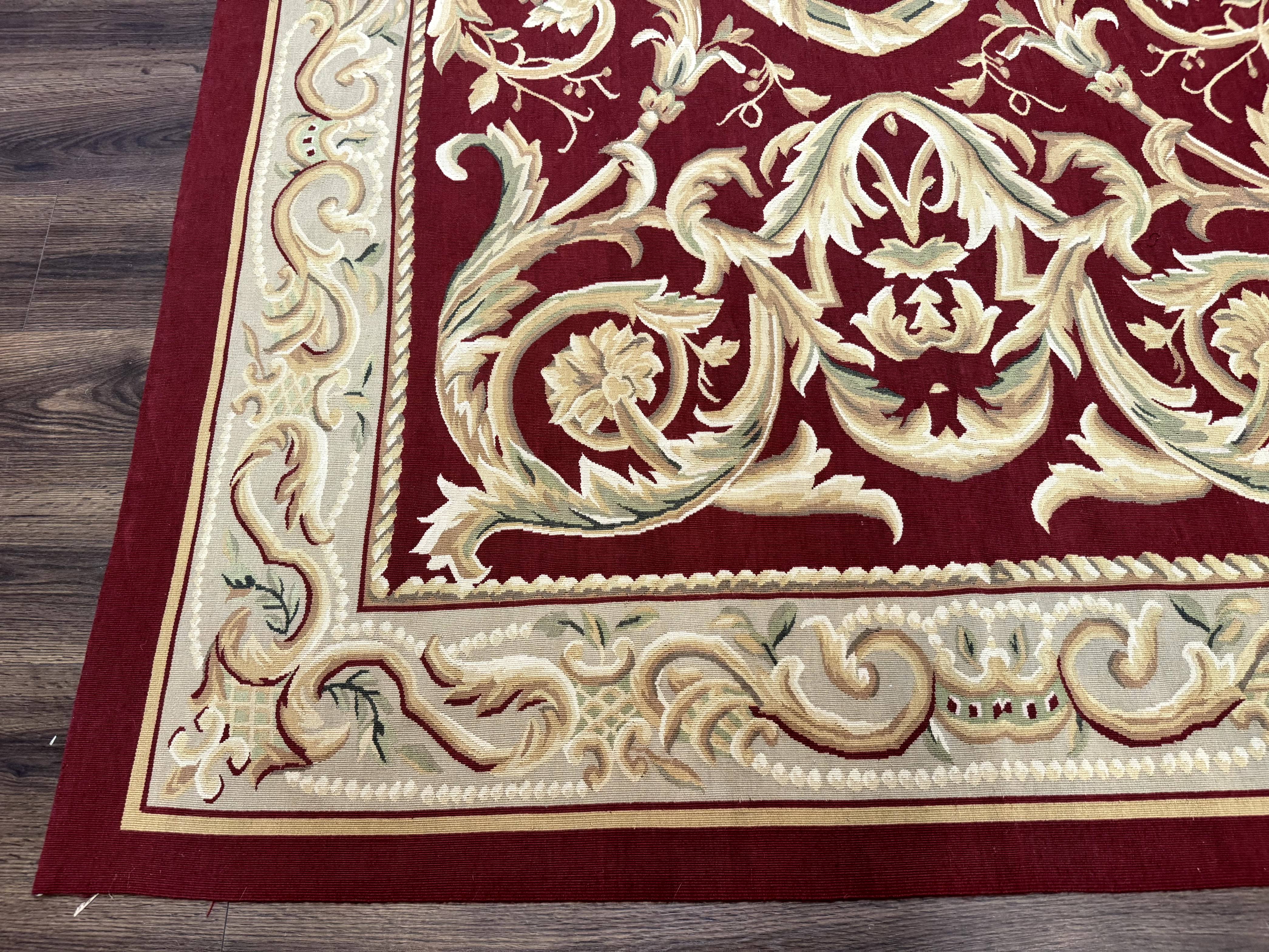Burgundy Aubusson Rug 6x9, Vintage Wool Carpet - Jewel Rugs