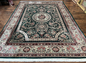 Pak Persian Rug 9x12, Dark Green and Cream, Floral Medallion, Elegant Handmade Wool Carpet 9 x 12