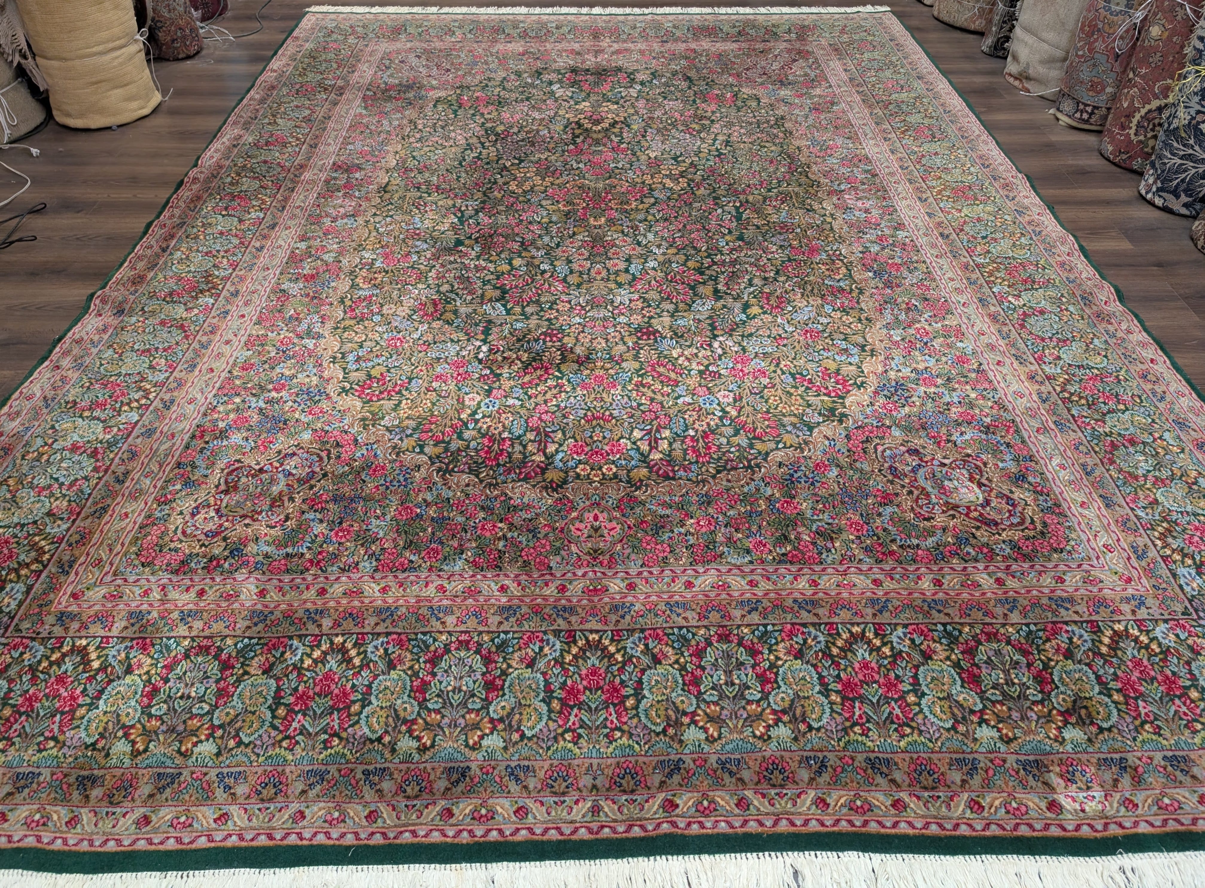 Persian Kerman Rug 10x13, Millefleur Floral Allover Pattern, Hand-Knotted Wool Carpet, Dark Green, Multicolor - Jewel Rugs