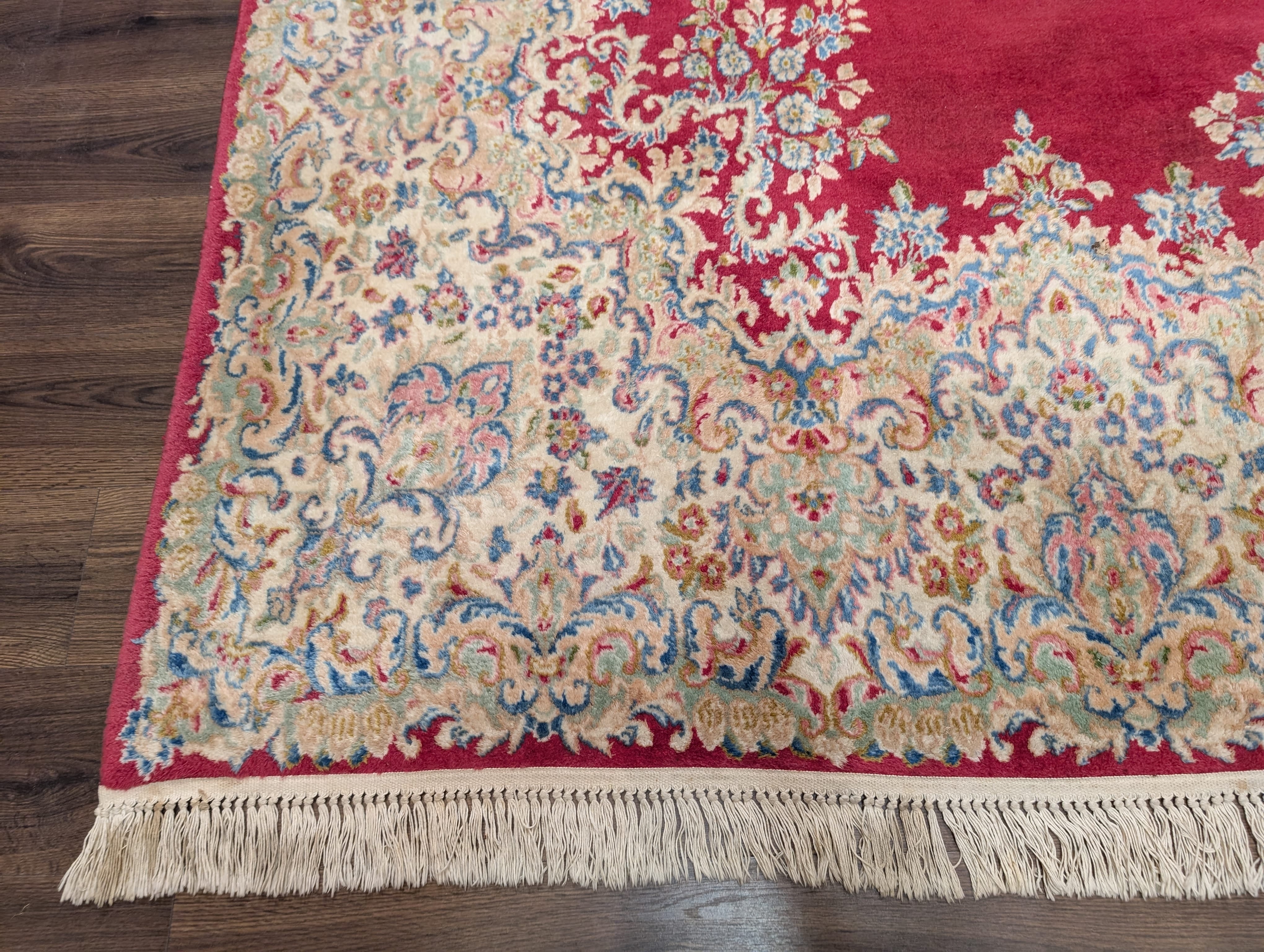Persian Rug 9x12, Kerman Rug, Semi Open Field, Medallion, Red, Vintage, Wool - Jewel Rugs