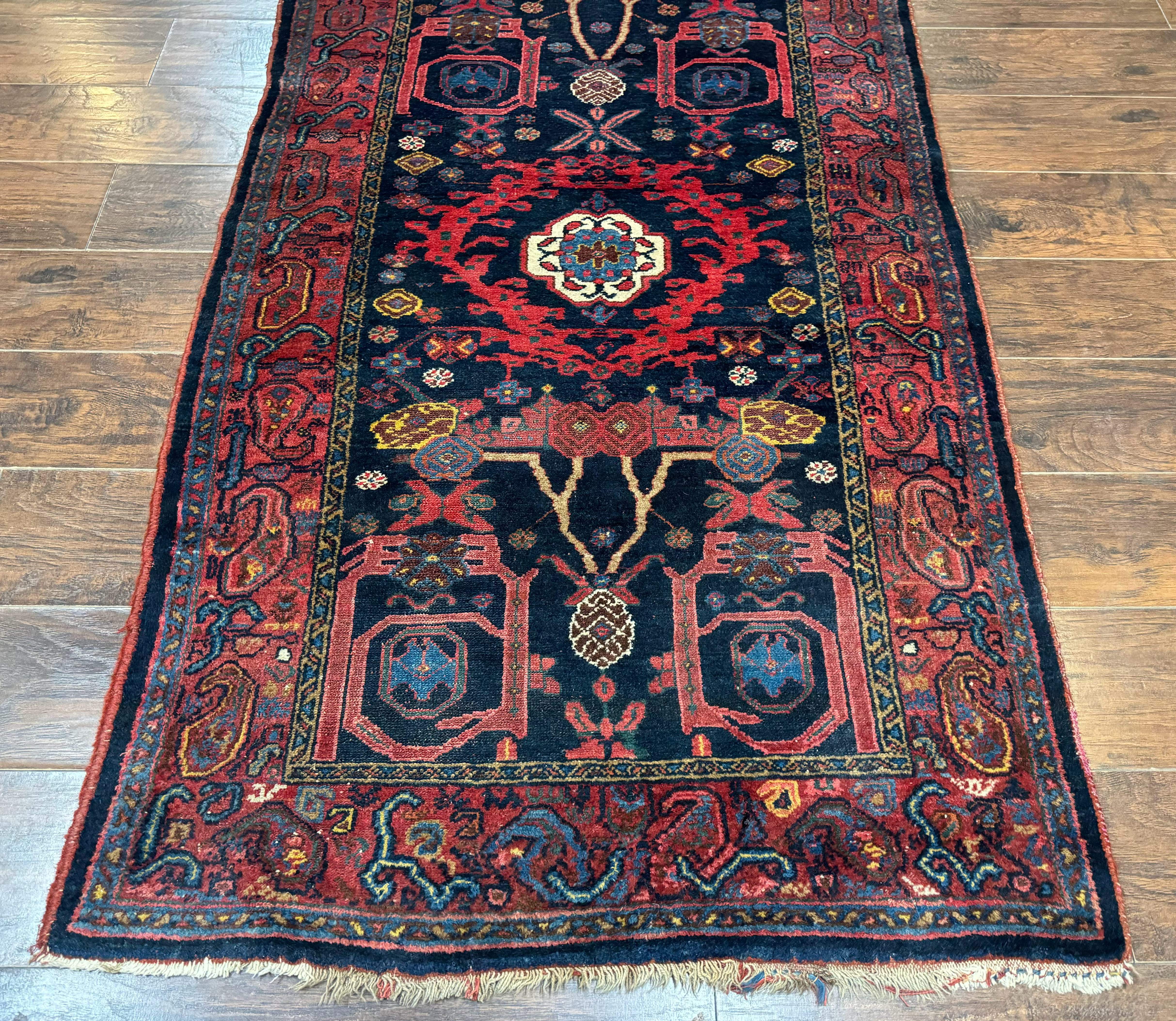 Rare Persian Malayer Runner Rug 4x16 – Navy and Red, Hand-Knotted Wool Antique Carpet, Paisley Border - Jewel Rugs