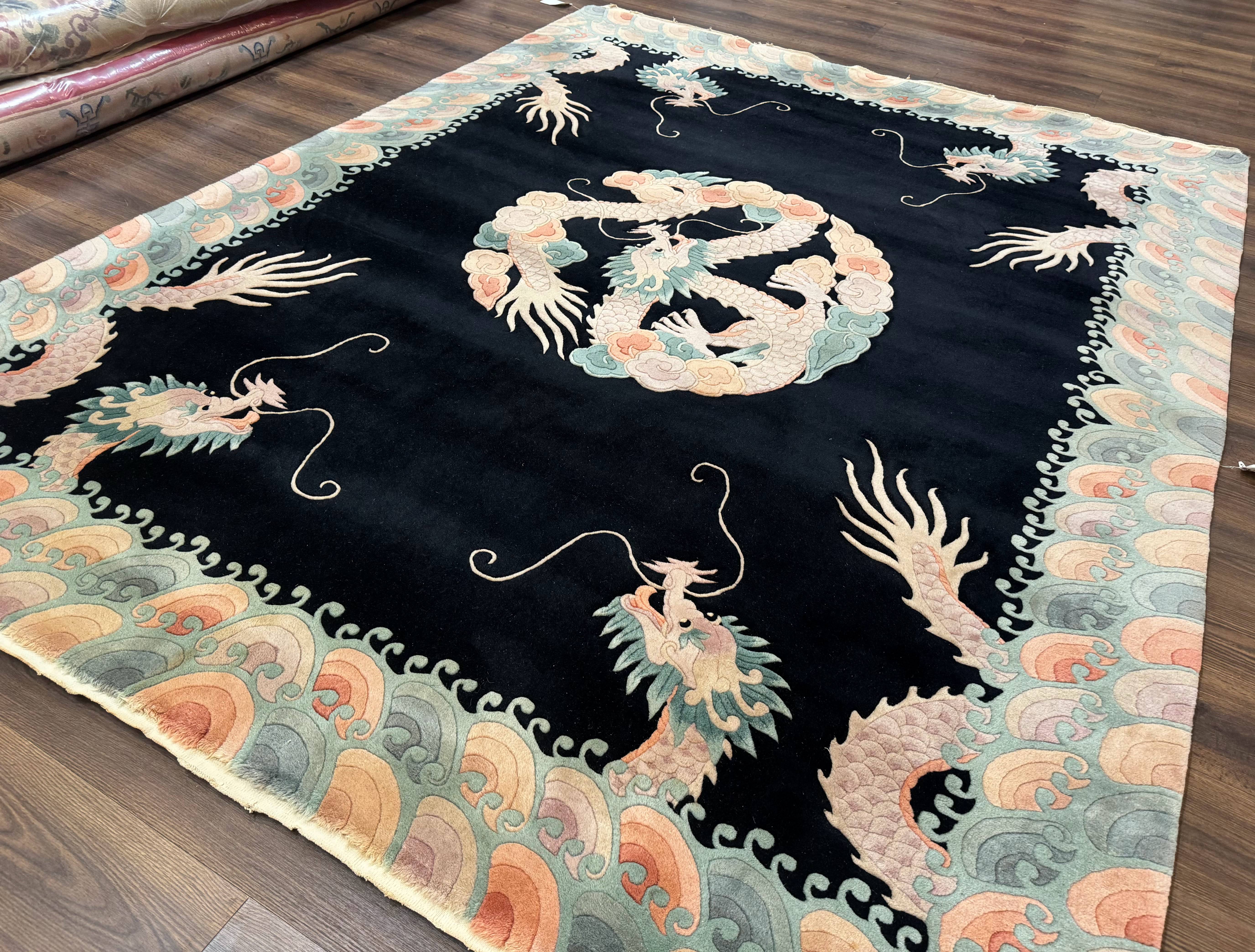 Black Chinese Wool Rug 8x10 with Dragons, Rainbow Borders, Rare - Jewel Rugs