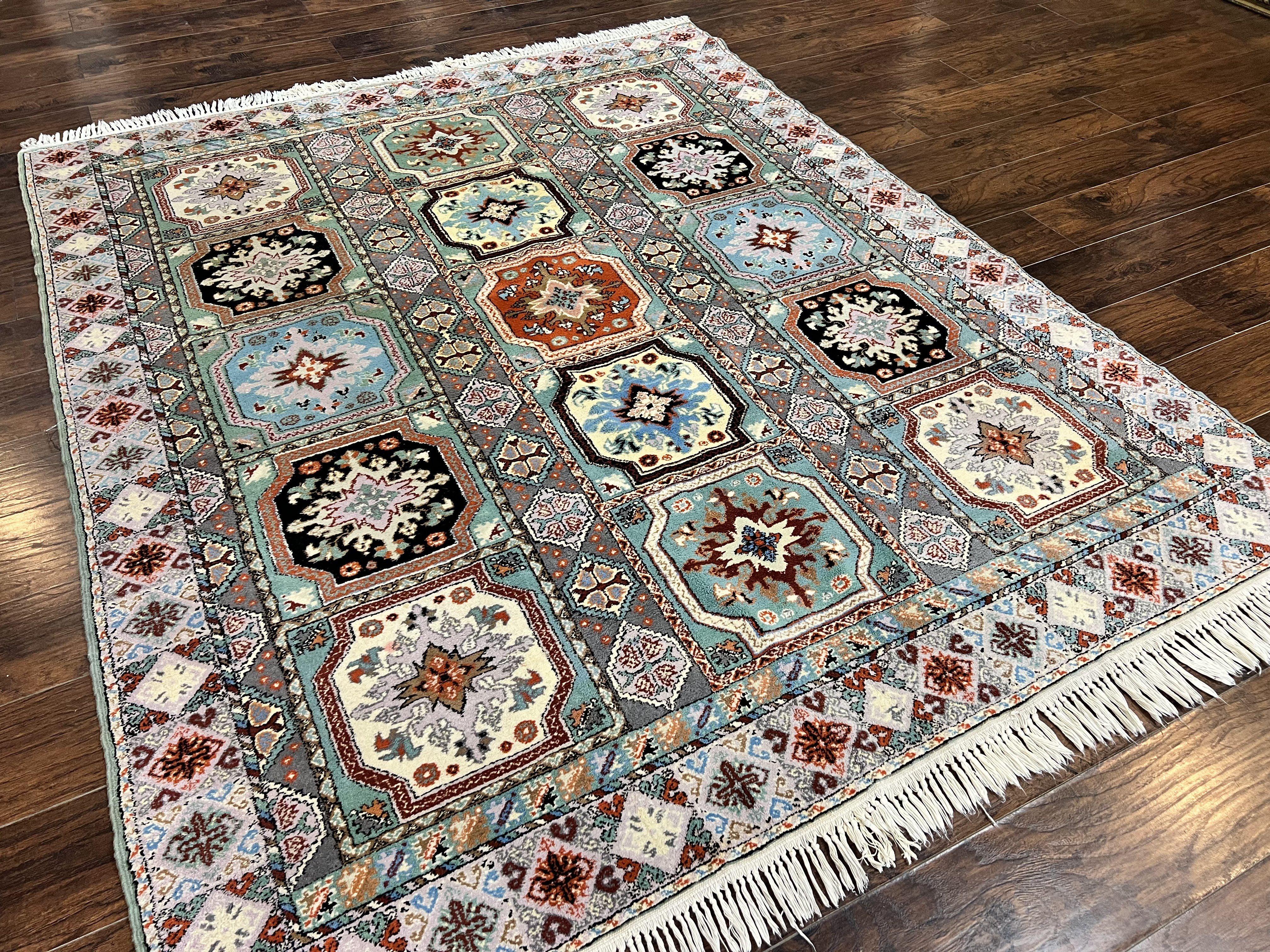 Moroccan Rug 7x8, Wool Hand Knotted Vintage Carpet, Multicolor Panel Design Oriental Rug - Jewel Rugs