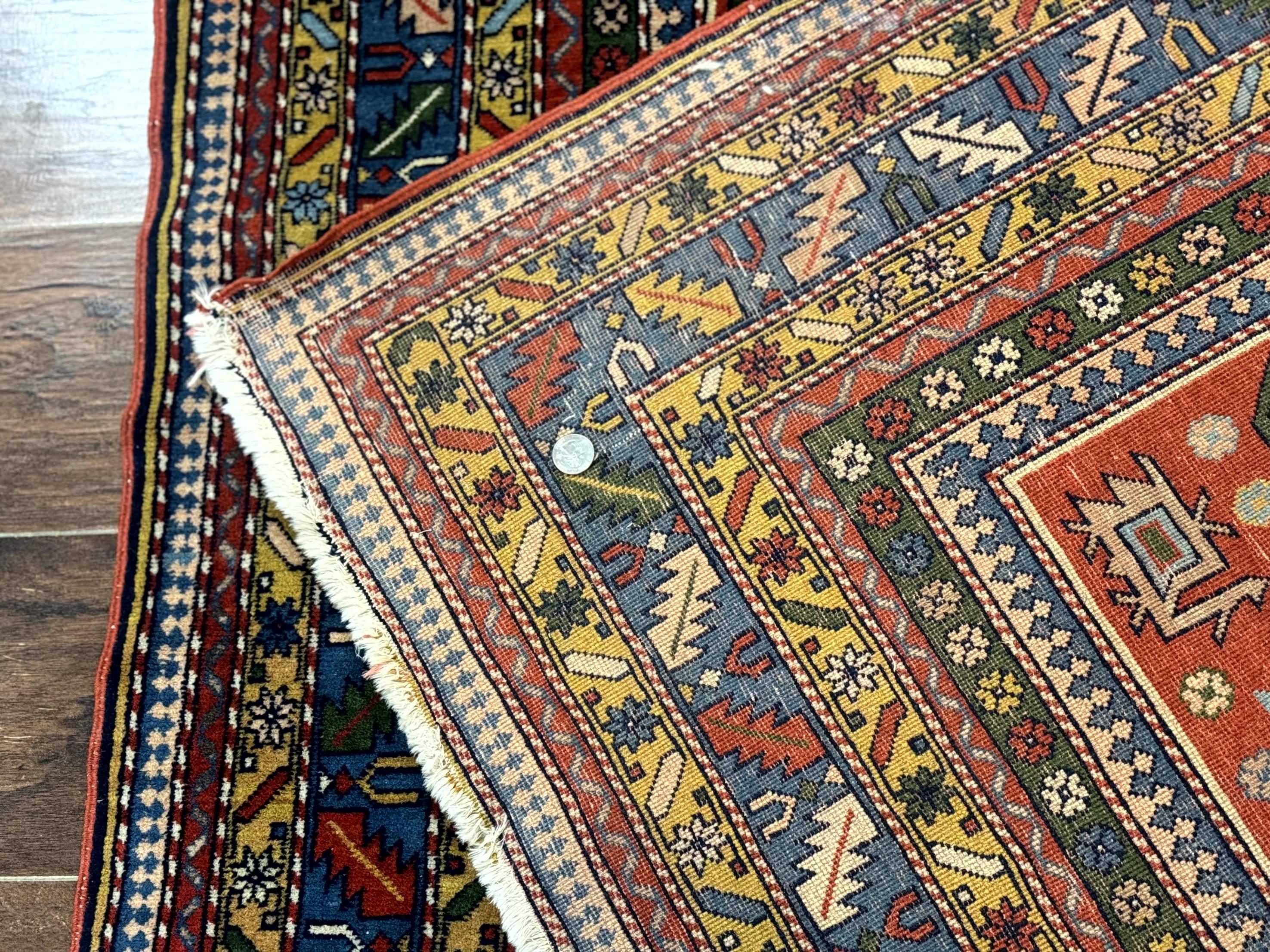 Colorful Persian Ardabil Rug 4x7, Red Blue Gold, Geometric Caucasian Design, Vintage - Jewel Rugs