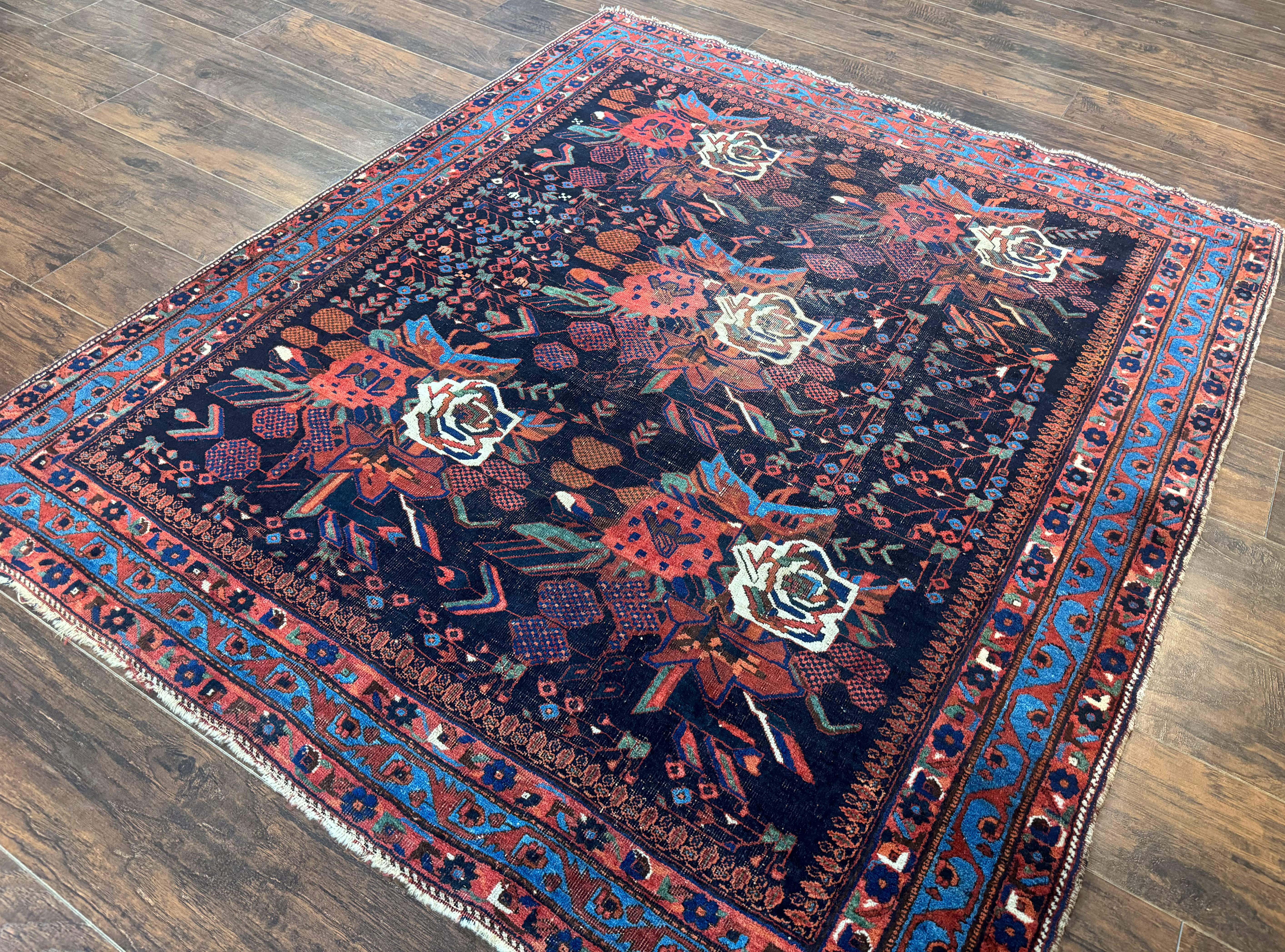 Persian Afshar Tribal Rug 5x6 – Navy and Red, Hand-Knotted Wool, Antique Carpet, Floral - Jewel Rugs