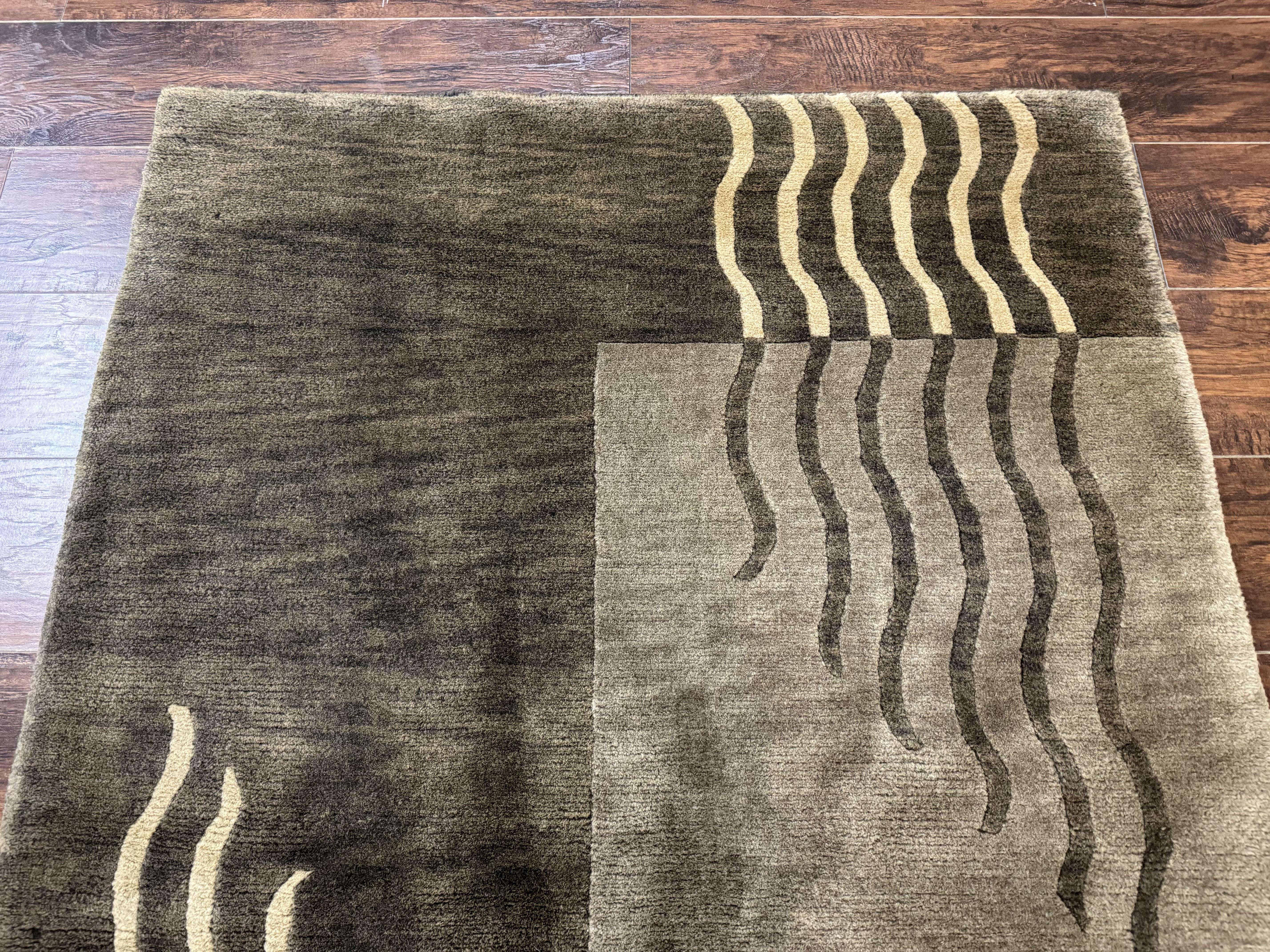 Modern Tibetan Wool Rug 3.6 x 5.6, Shades of Green, Abstract Design - Jewel Rugs