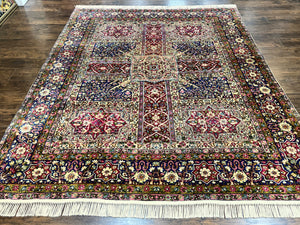 Persian Kirman Lavar Rug 8x9, Antique Persian Carpet, Colorful Multicolor 1920s Handmade Wool Rug, Garden Panel Design, Fine 200 KPSI