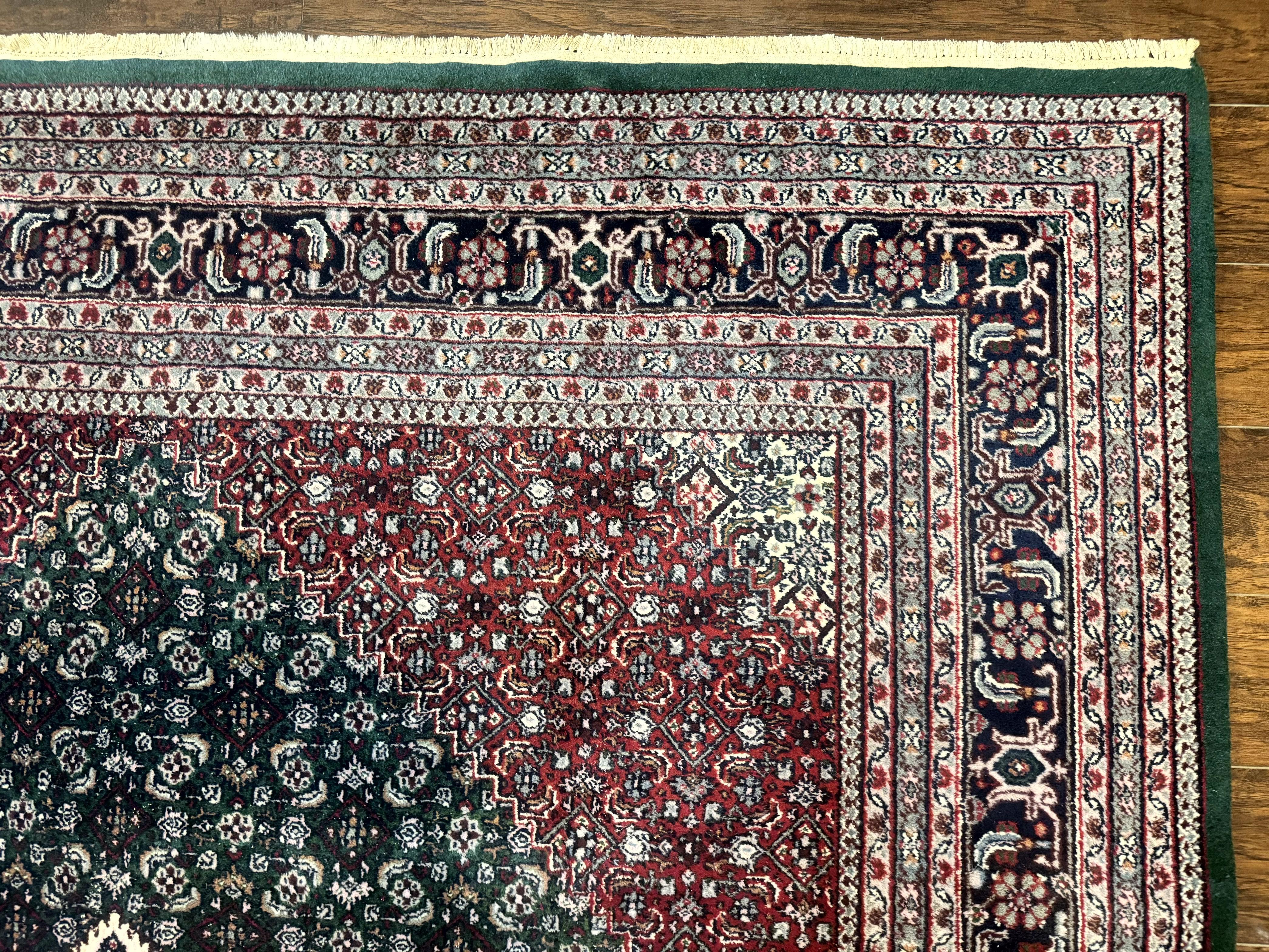 Indo Persian Bidjar Rug 8x11, Green and Red, Herati Pattern, Vintage Handmade Wool Oriental Carpet - Jewel Rugs