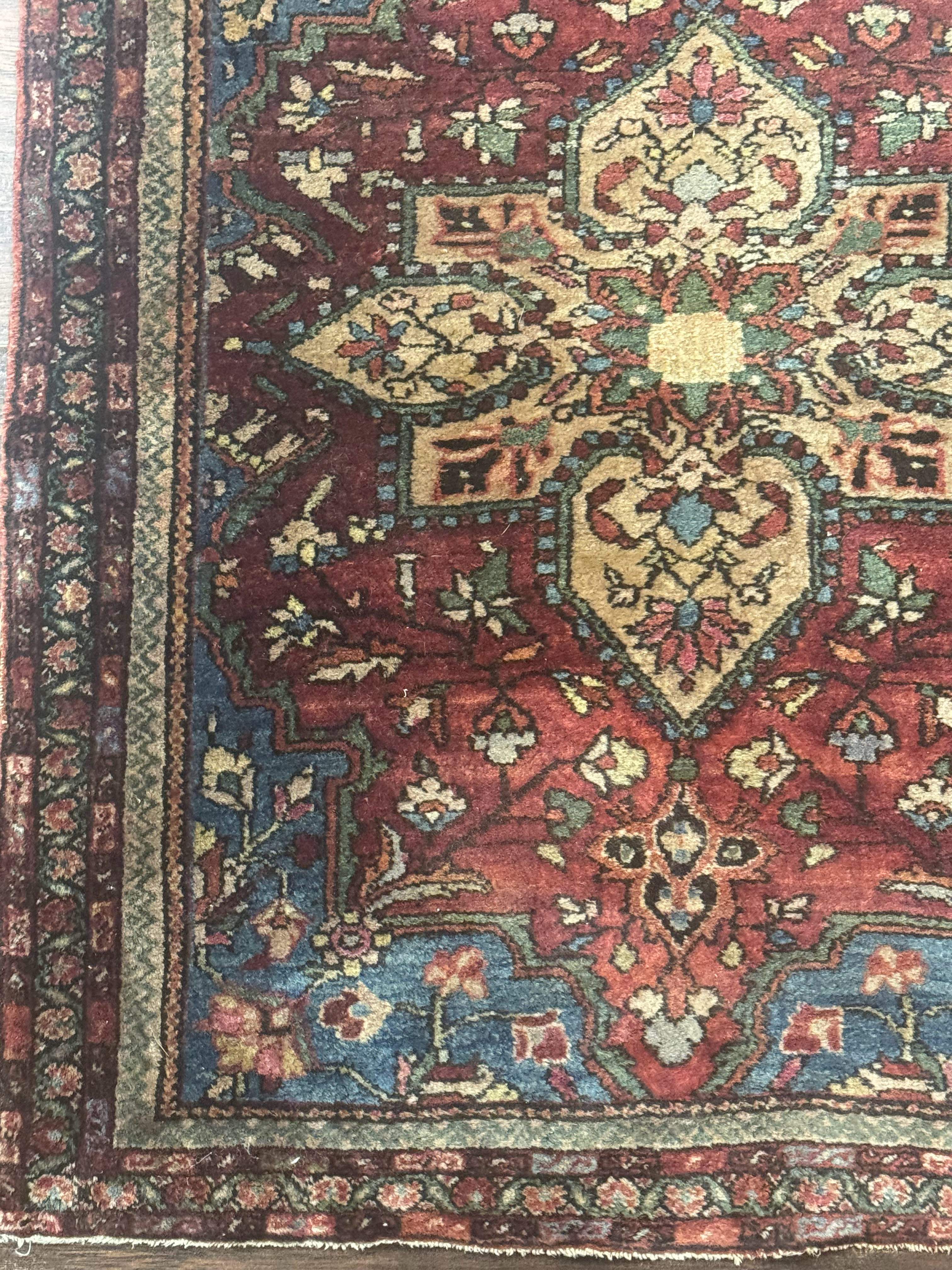 Sarouk Farahan Rug 2x3 - Rust Red and Light Blue, Handmade Wool Persian Small Scatter Rug, Antique, 225 KPSI - Jewel Rugs