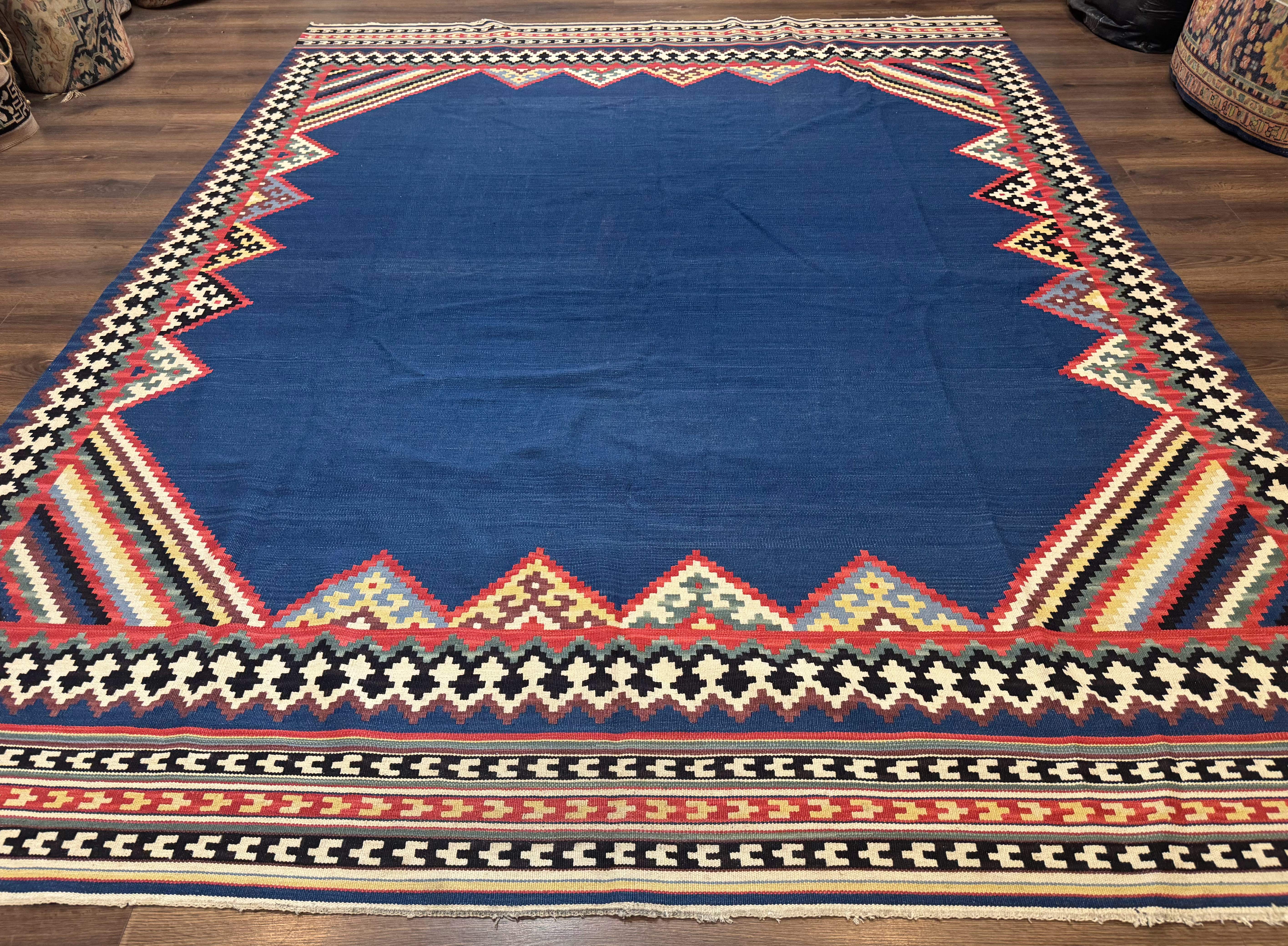 Persian Shiraz Tribal Kilim Rug 8x10, Large Blue Open Field, Bohemian, Colorful - Jewel Rugs