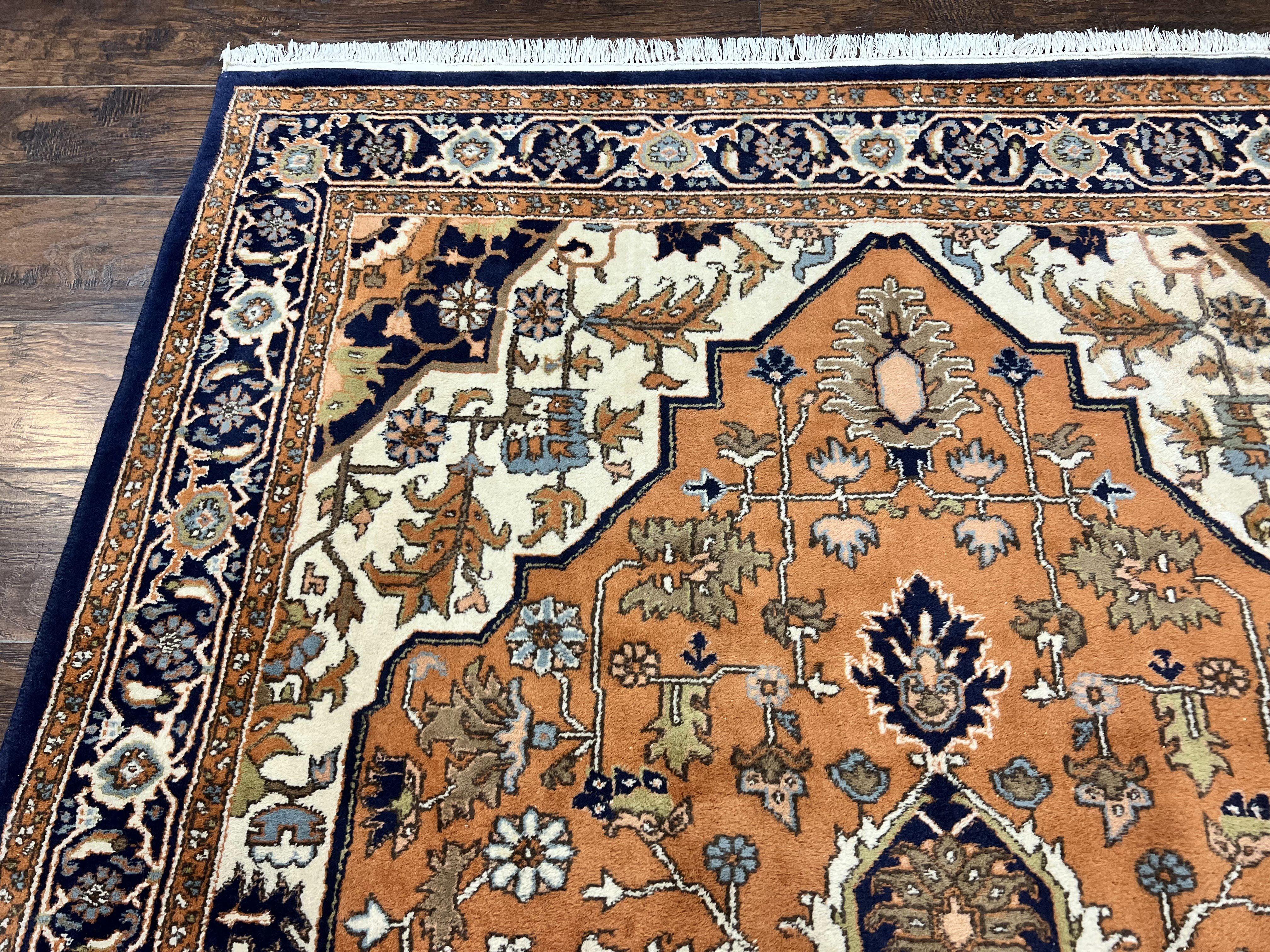 Indo Heriz Rug 6x8, Wool Hand Knotted Vintage Oriental Carpet, Orange-Red Ivory & Navy Blue, Medallion Rug, Handmade Indo Persian Rug - Jewel Rugs