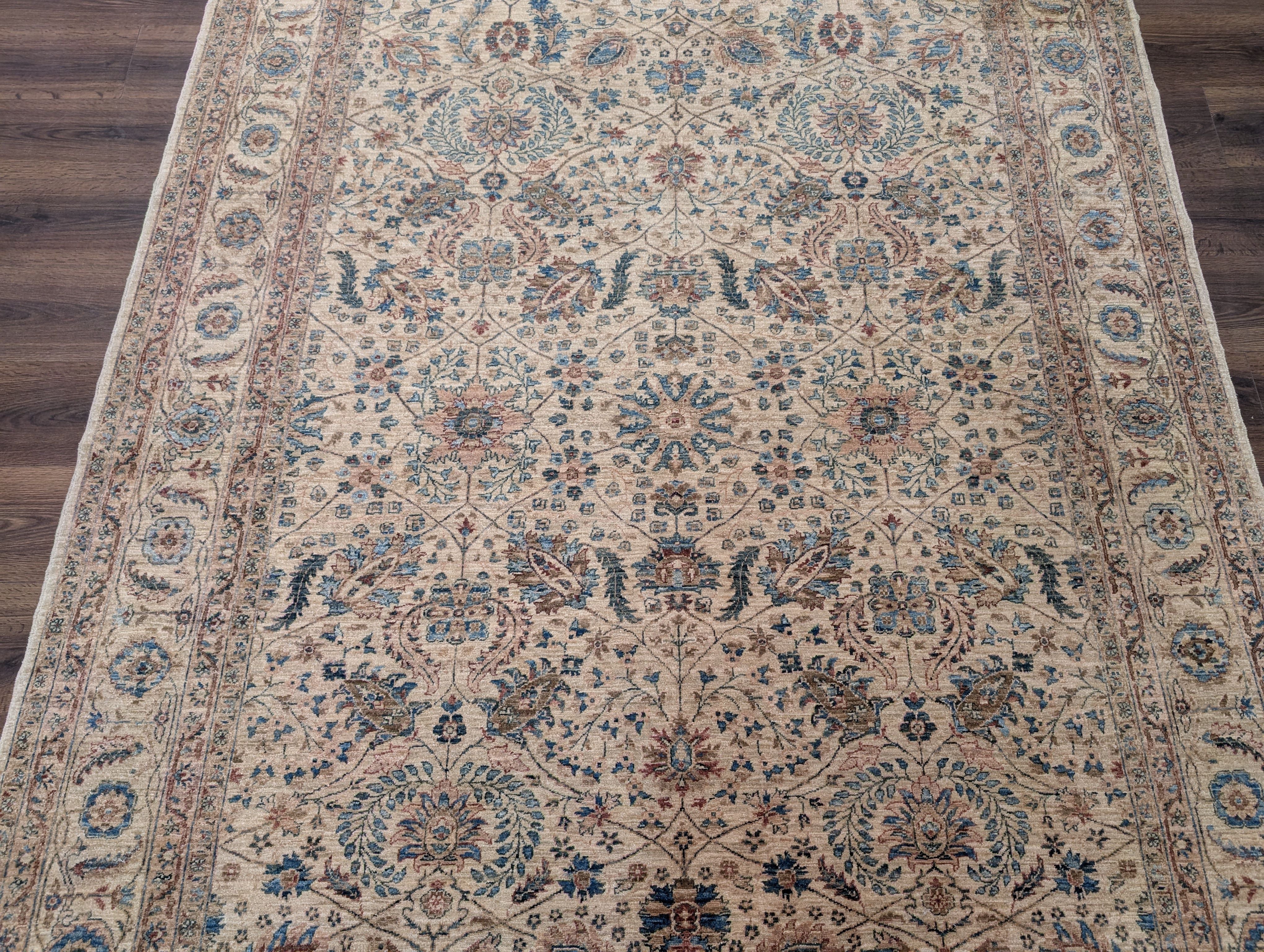 Persian Kashan Rug 6x9 – Oat and Blue Hand Knotted Wool Carpet, Light Colors, 200 KPSI - Jewel Rugs