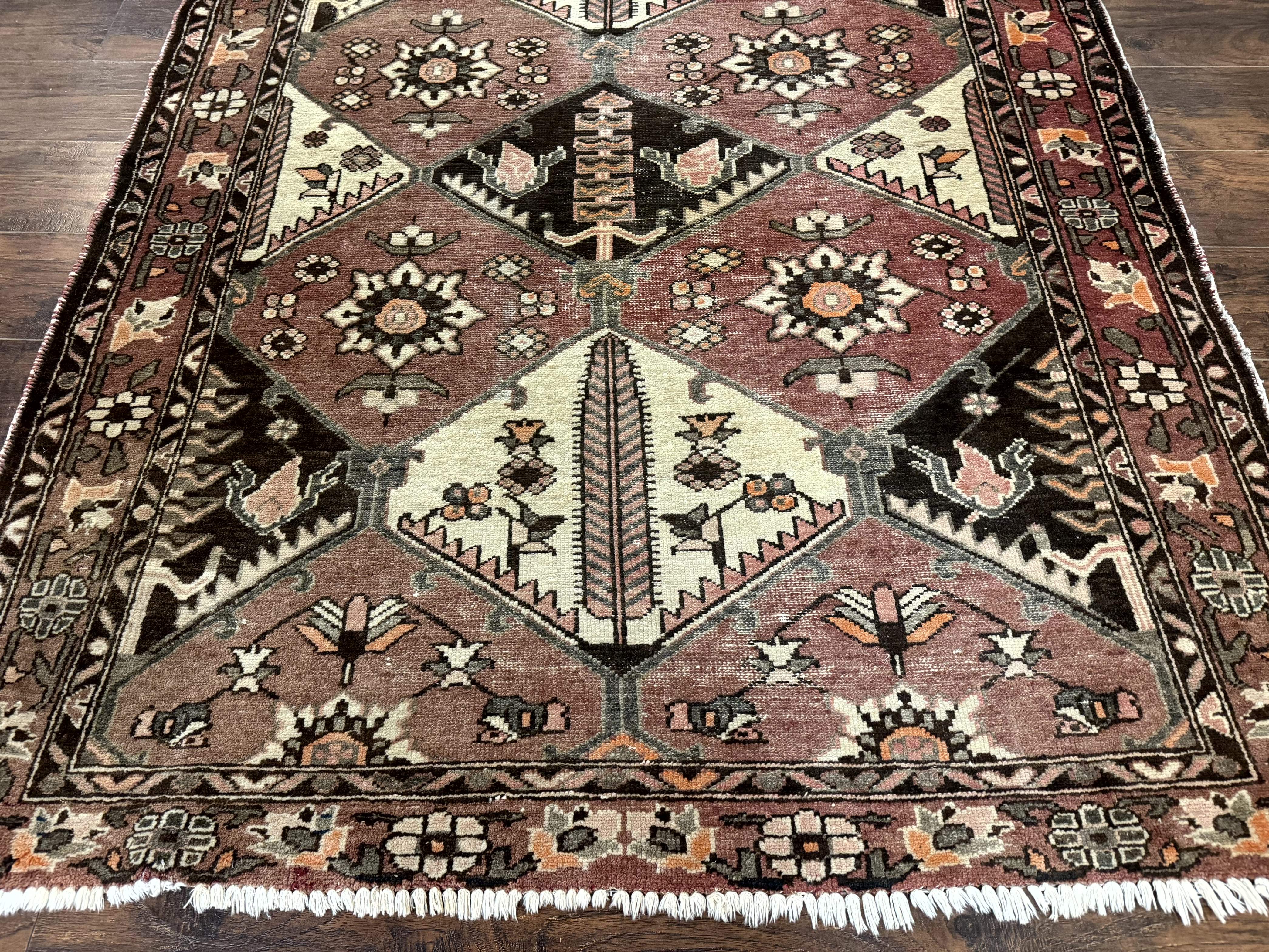 Persian Bakhtiari Rug 5x7 – Muted Rose and Cream, Wool Tribal Carpet, Geometric Panel Design - Jewel Rugs