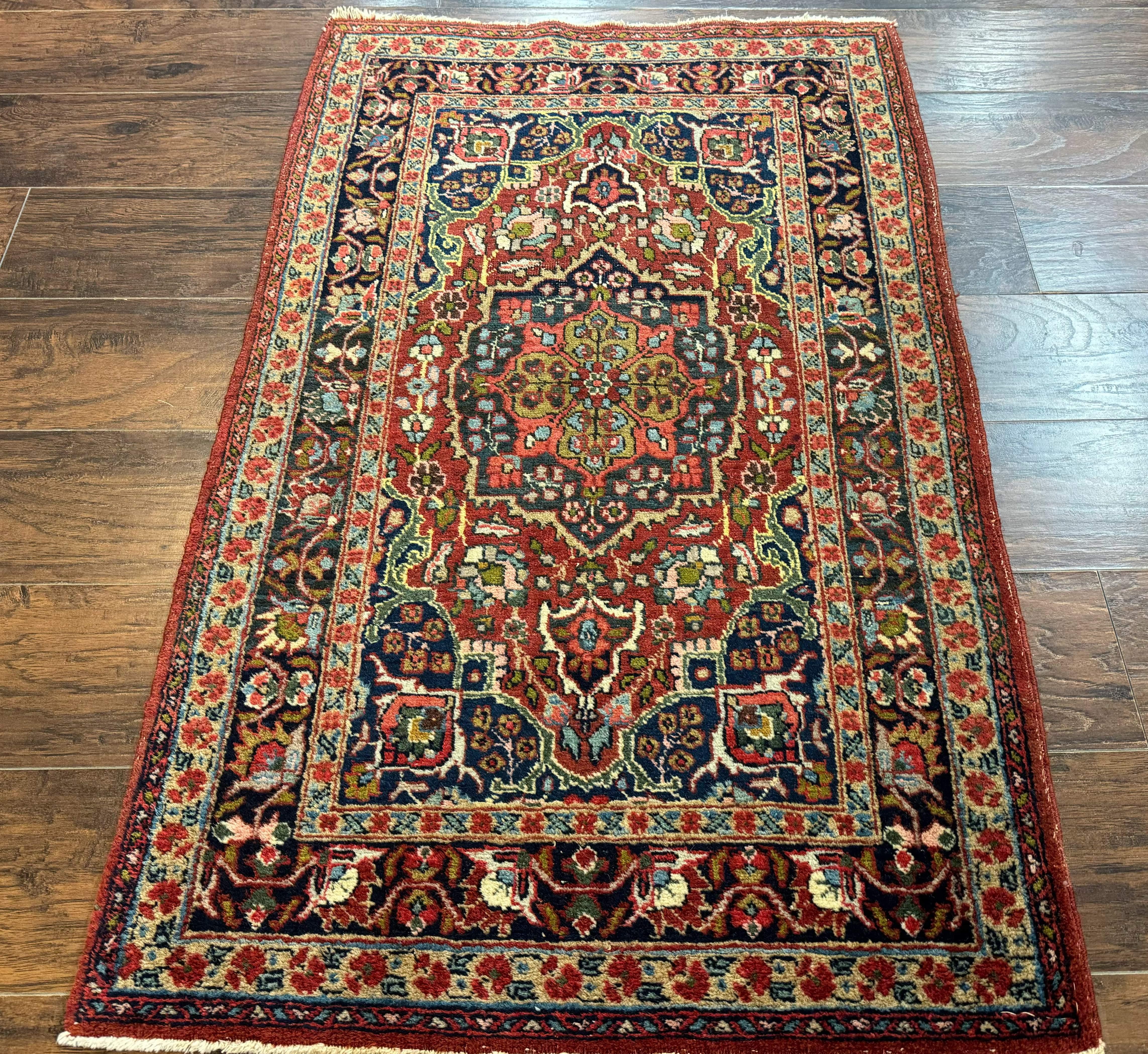Antique Persian Tabriz Rug 3x5, Brick Red Navy Blue, Floral Medallion, Small Persian Carpet - Jewel Rugs