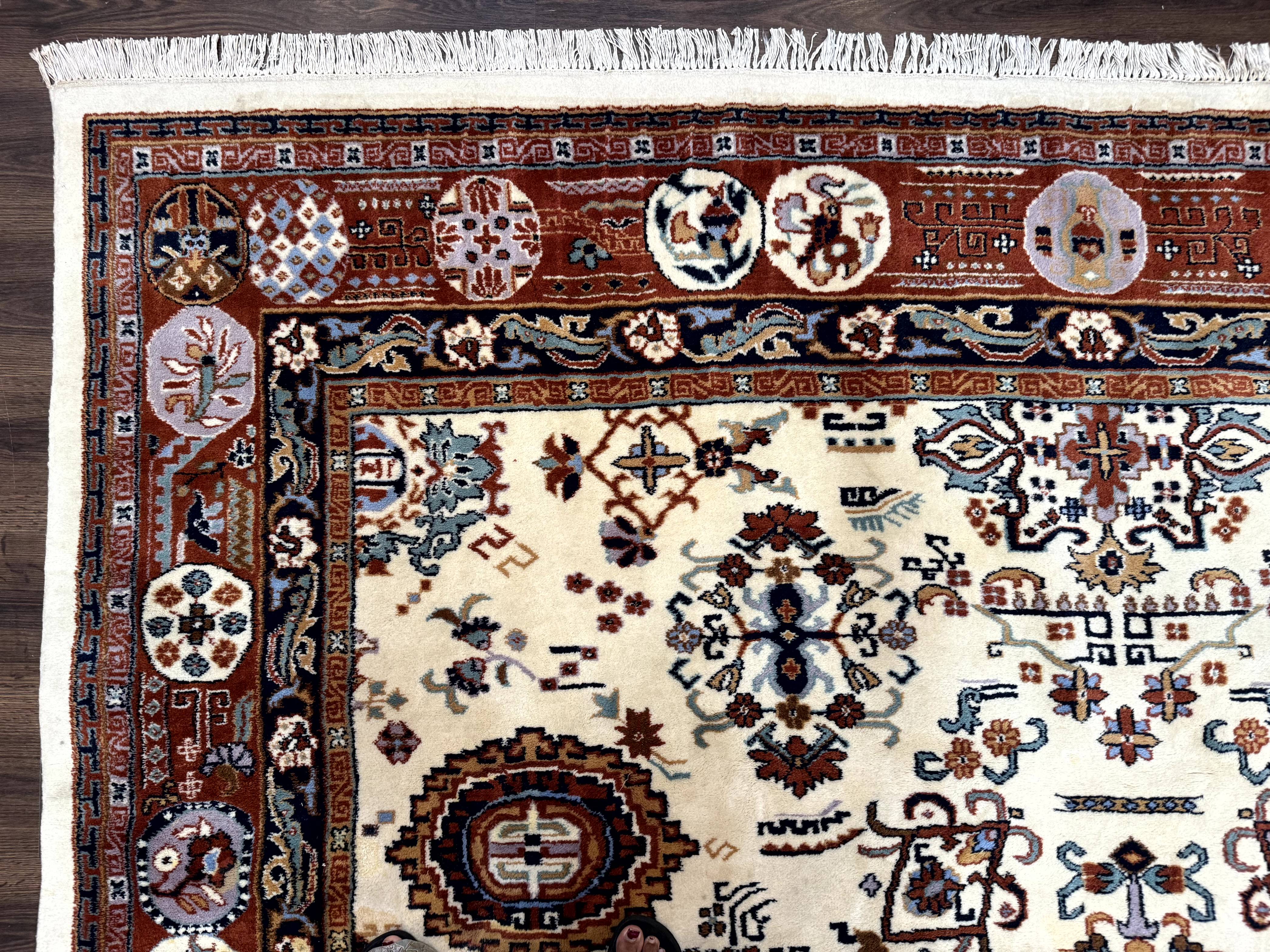 Indo Chinese Wool Rug 9x12, Ivory and Rust Red, Dragon Motifs - Jewel Rugs