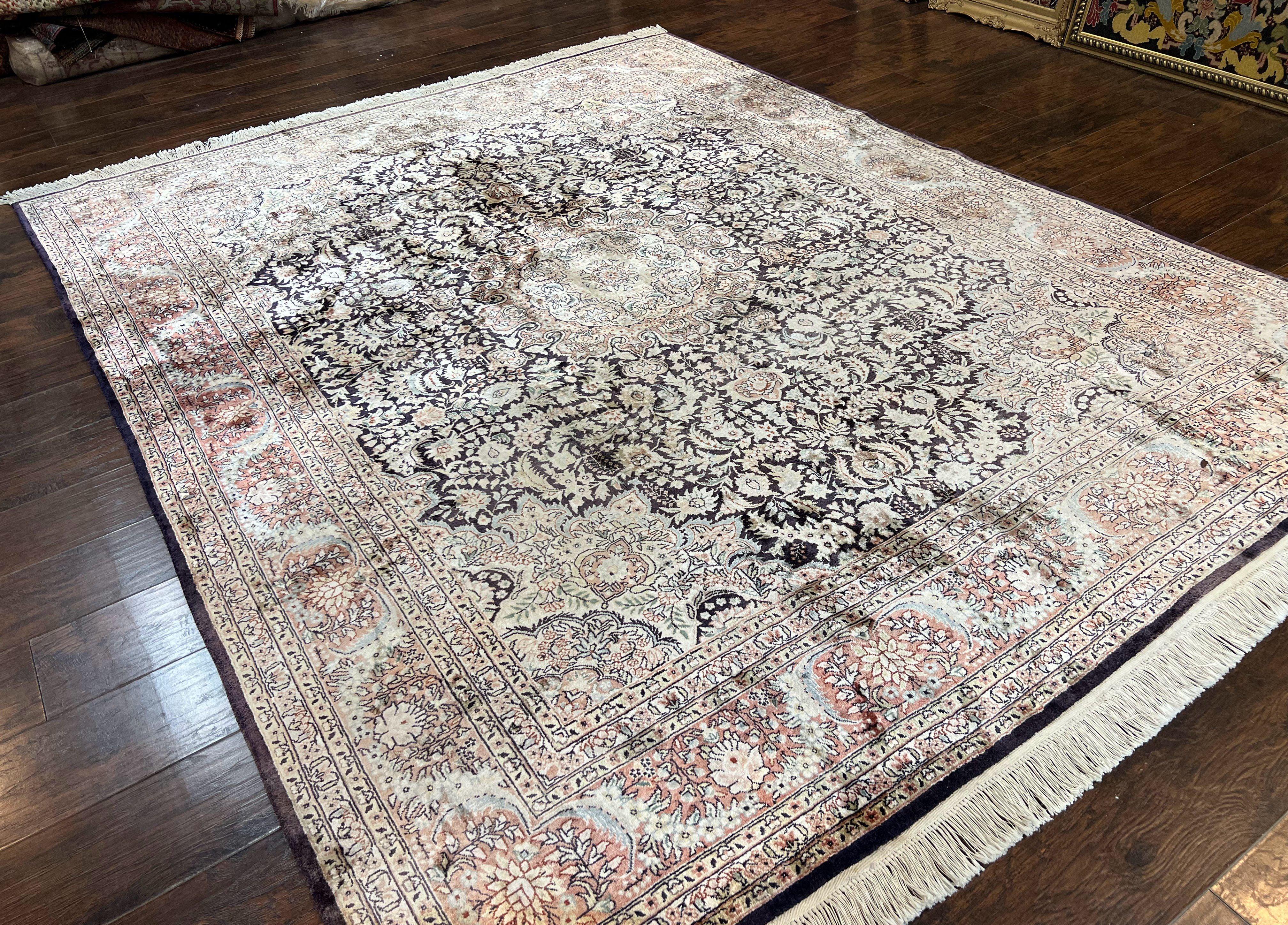 Silk Indian Kashmiri Rug 8x10, Floral Medallion, Indo Persian Carpet, Handmade Vintage Silk Rug - Jewel Rugs