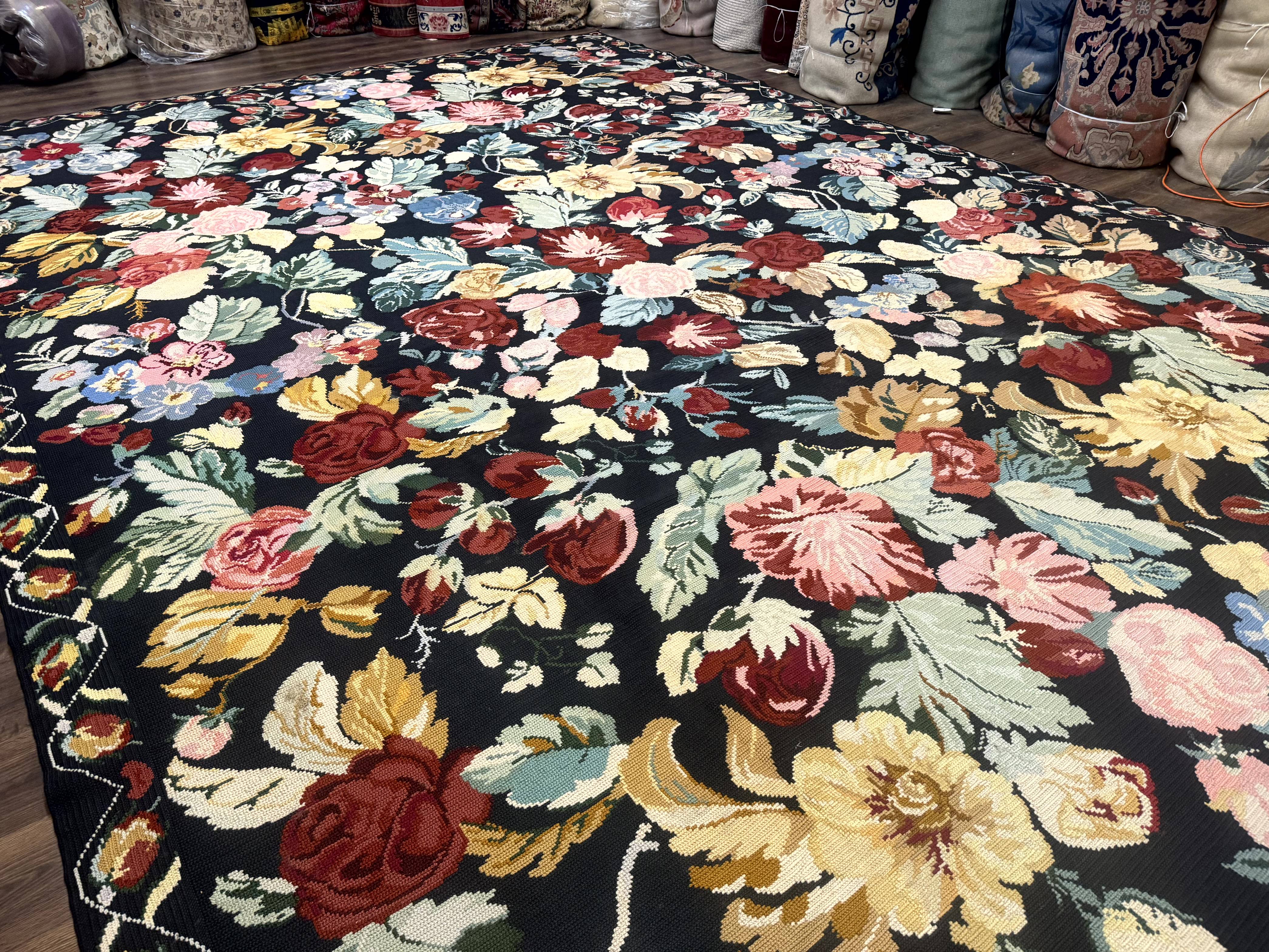 Palace Size Needlepoint Rug 12x18, Vintage Spanish Portuguese Carpet, Floral Design - Jewel Rugs